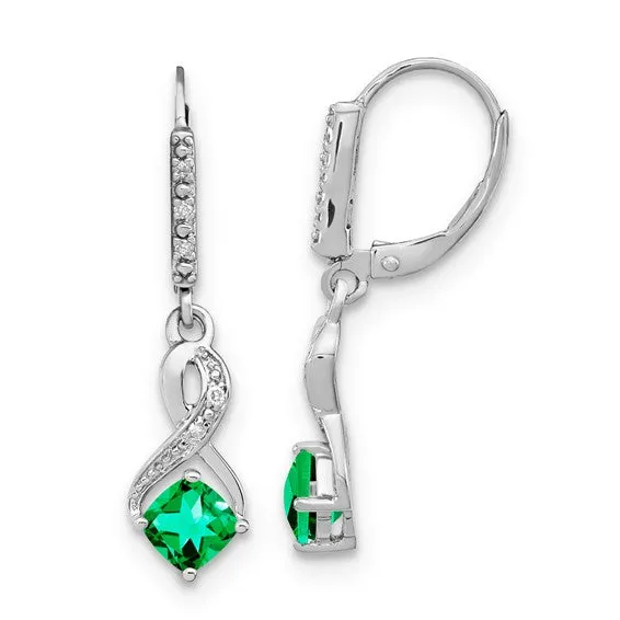 Sterling Silver Cushion Gemstone and Diamond Leverback Earrings