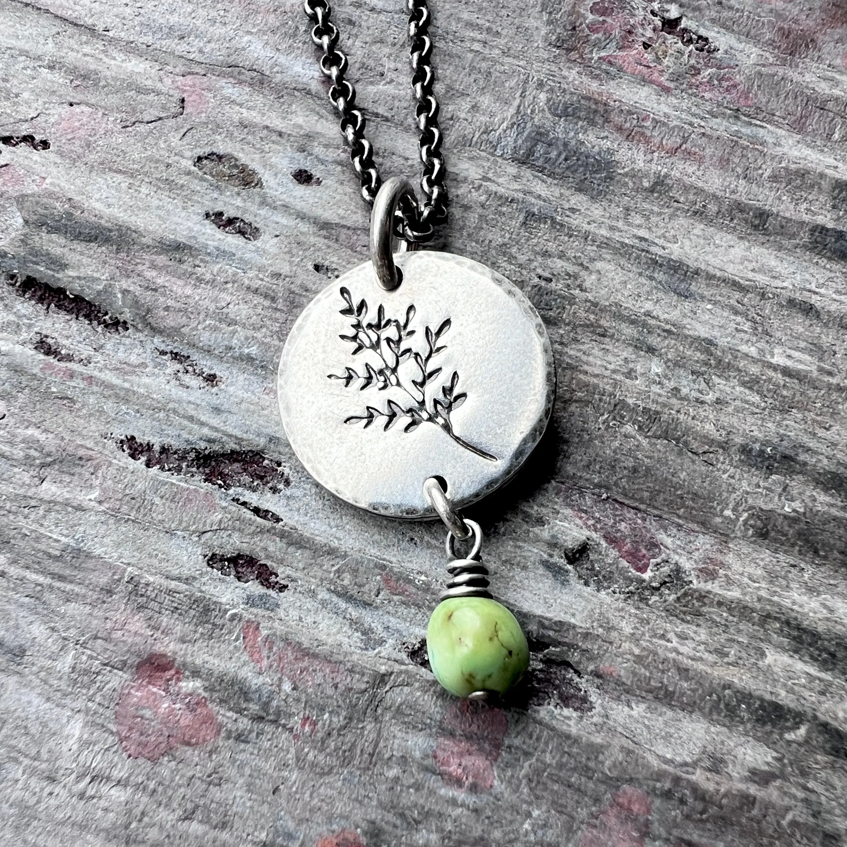 Sterling Silver Turquoise Necklace | Sprig Leaf Pendant with Genuine Turquoise Bead - Handmade Jewelry Gift for Nature Lover