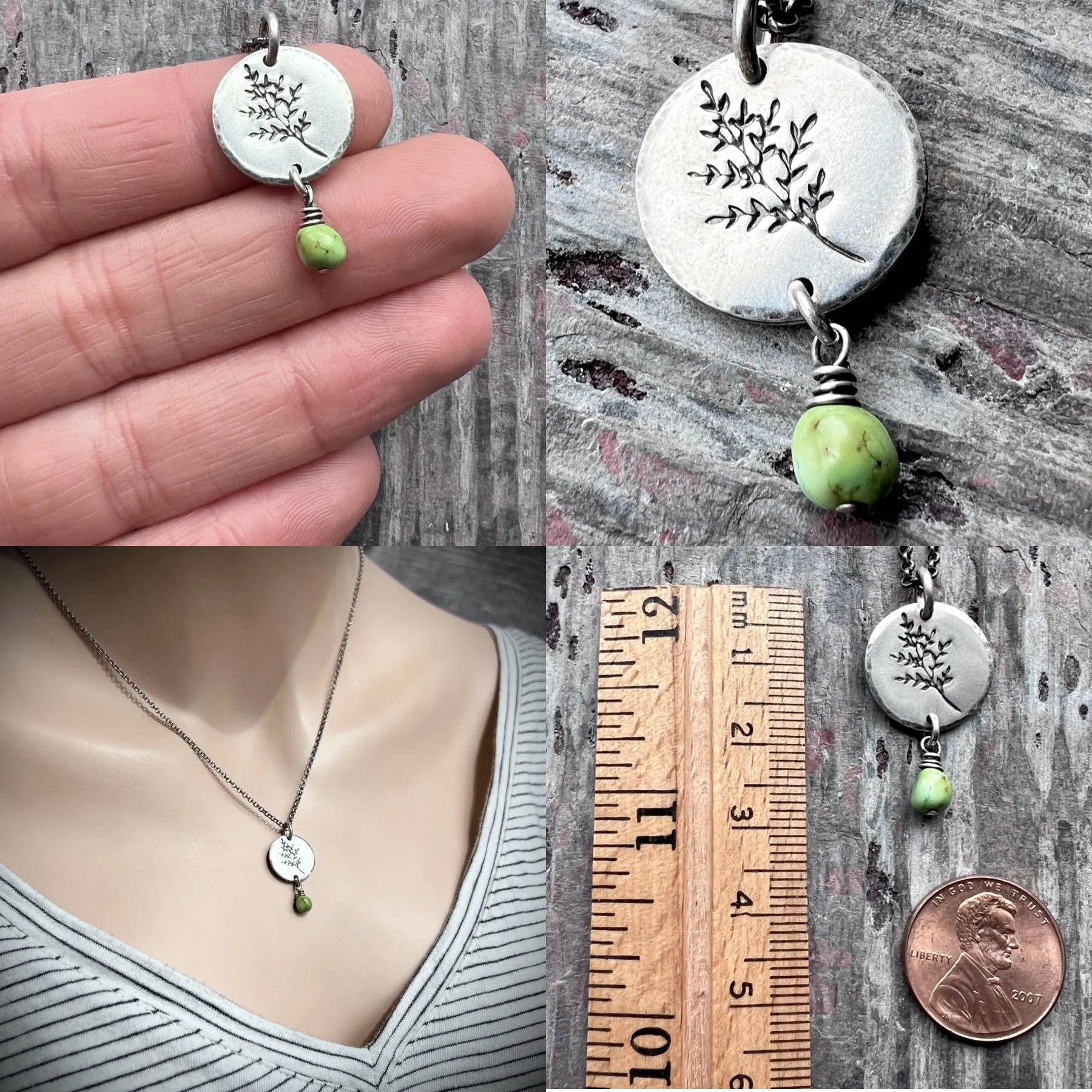 Sterling Silver Turquoise Necklace | Sprig Leaf Pendant with Genuine Turquoise Bead - Handmade Jewelry Gift for Nature Lover