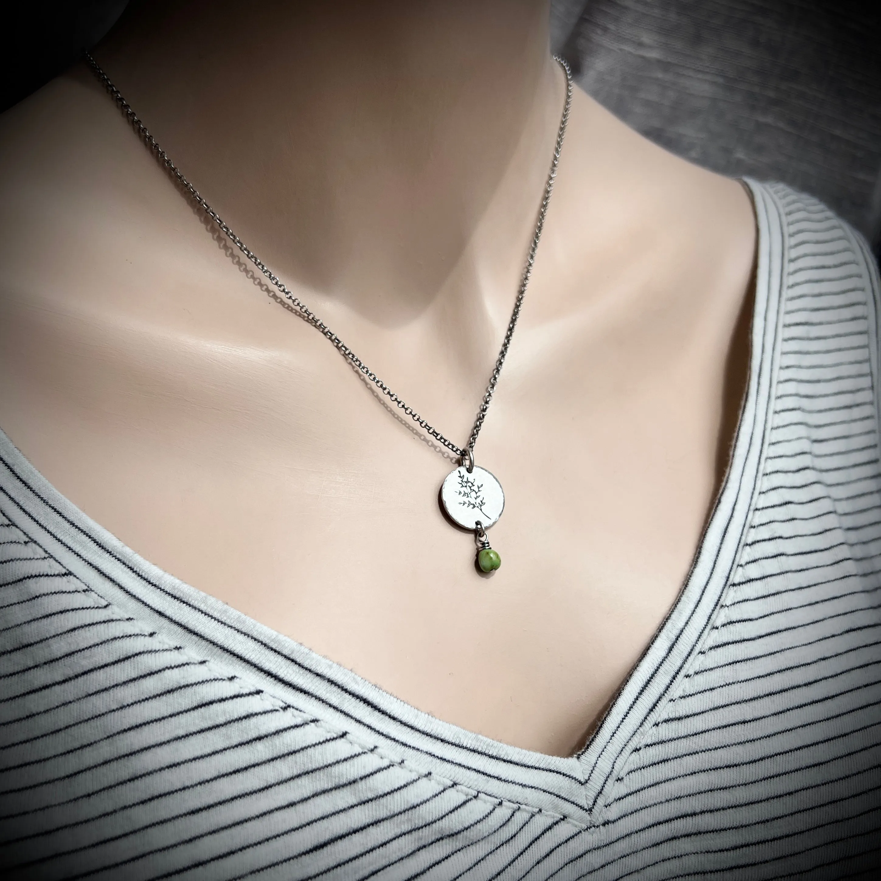 Sterling Silver Turquoise Necklace | Sprig Leaf Pendant with Genuine Turquoise Bead - Handmade Jewelry Gift for Nature Lover