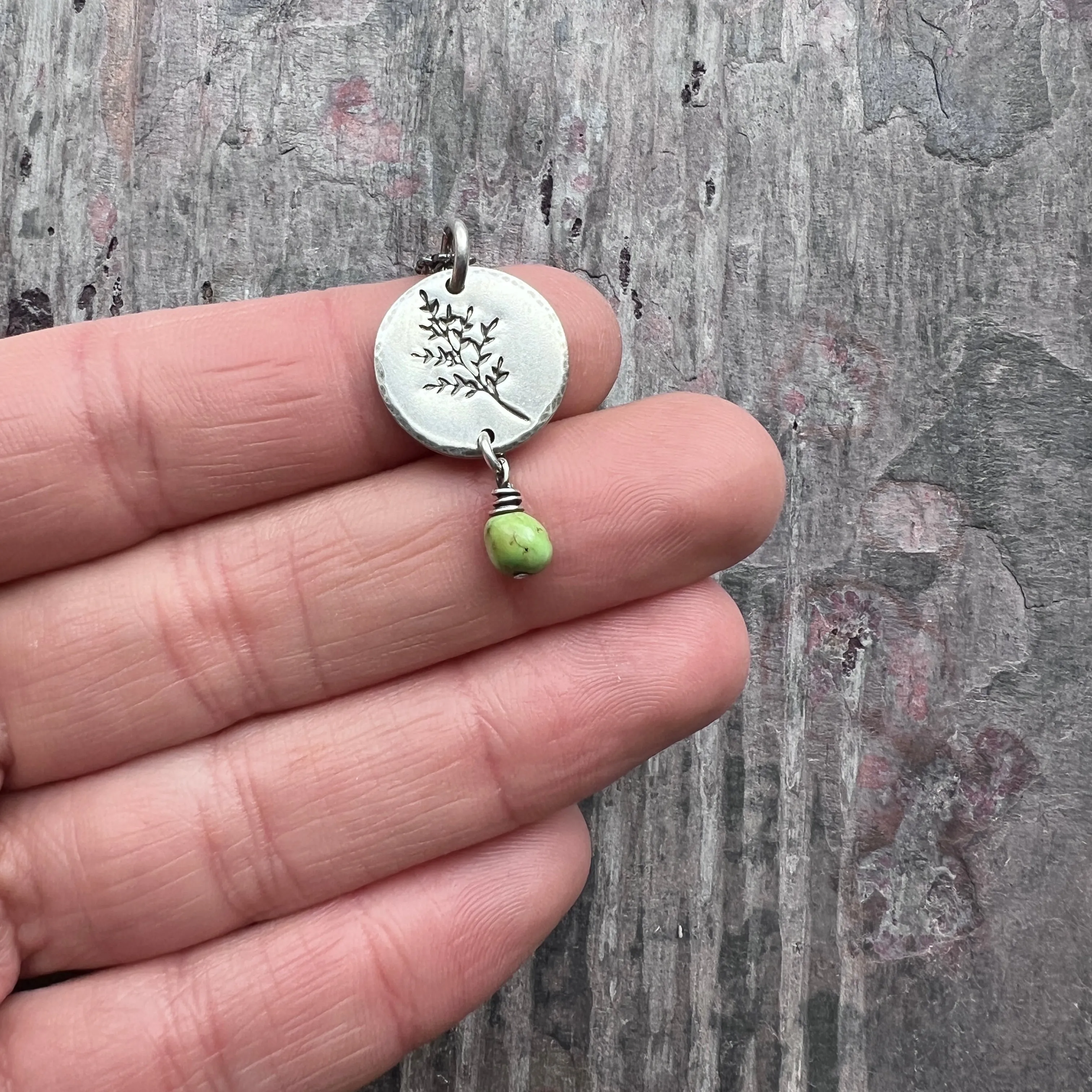 Sterling Silver Turquoise Necklace | Sprig Leaf Pendant with Genuine Turquoise Bead - Handmade Jewelry Gift for Nature Lover