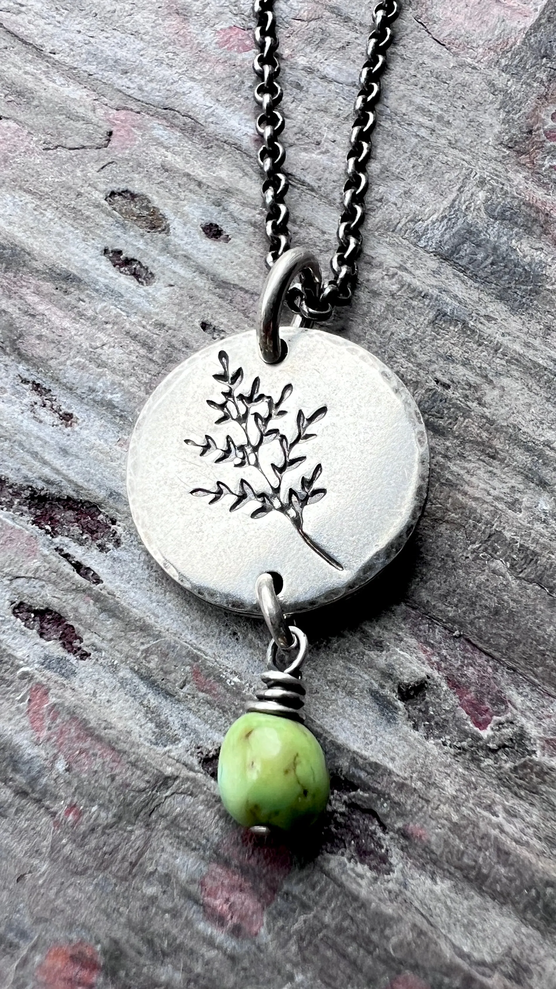 Sterling Silver Turquoise Necklace | Sprig Leaf Pendant with Genuine Turquoise Bead - Handmade Jewelry Gift for Nature Lover