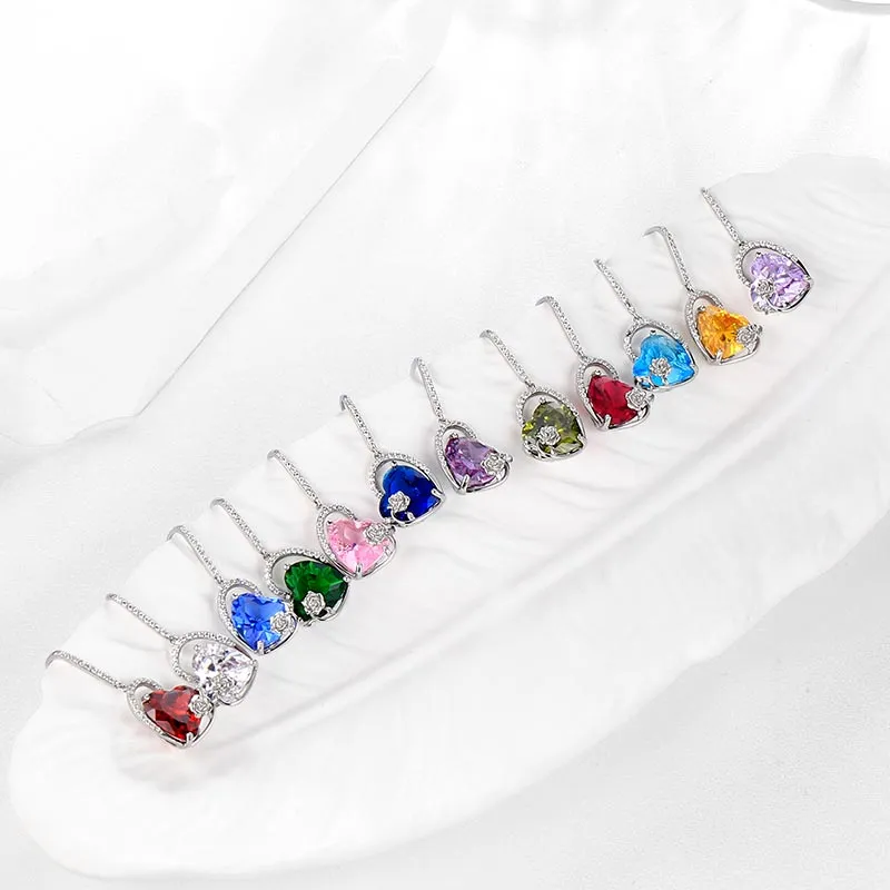 Sterling Silver Women Earrings Heart Birthstone Hook Dangle Earring Rose Jewelry Girls Birthday Valentine Christmas Gifts