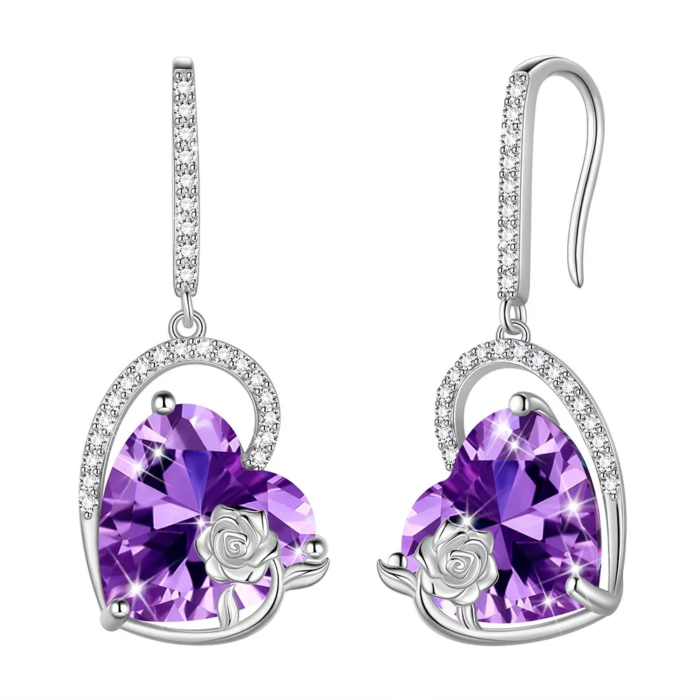 Sterling Silver Women Earrings Heart Birthstone Hook Dangle Earring Rose Jewelry Girls Birthday Valentine Christmas Gifts