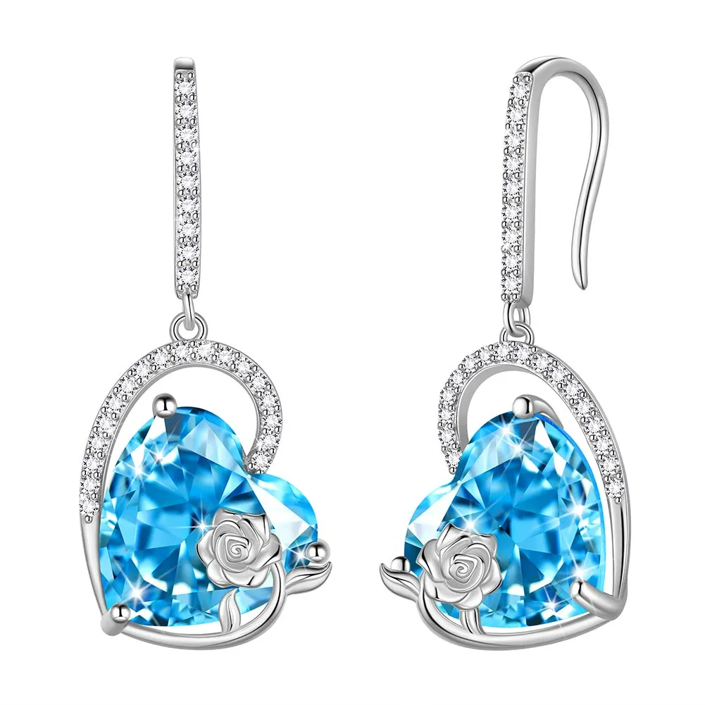 Sterling Silver Women Earrings Heart Birthstone Hook Dangle Earring Rose Jewelry Girls Birthday Valentine Christmas Gifts