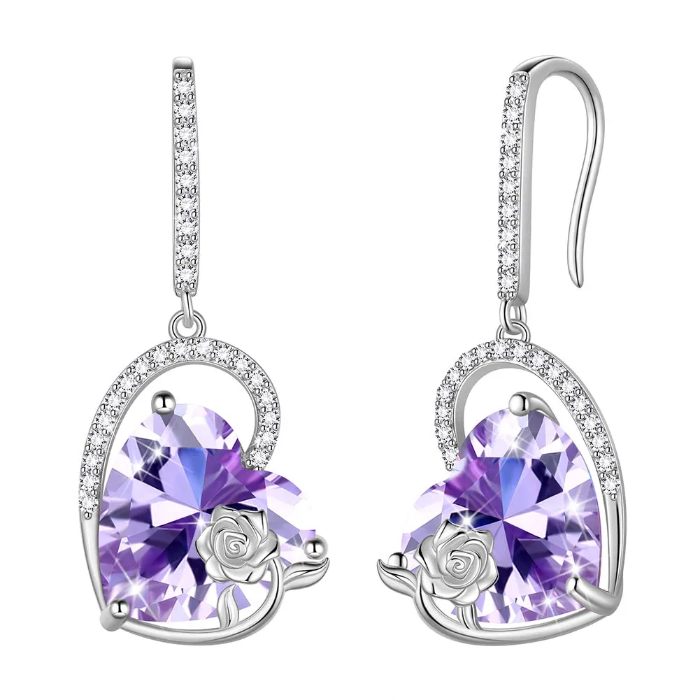 Sterling Silver Women Earrings Heart Birthstone Hook Dangle Earring Rose Jewelry Girls Birthday Valentine Christmas Gifts