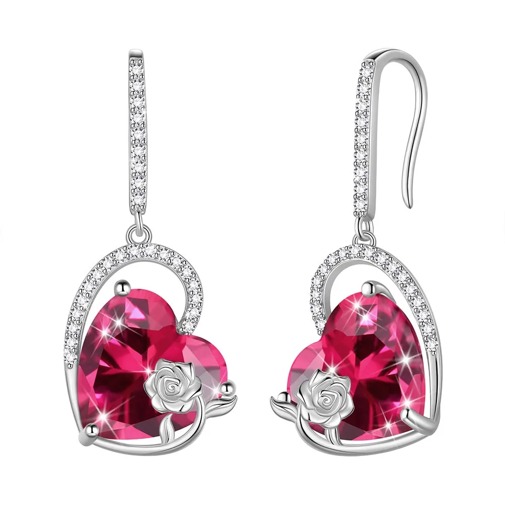 Sterling Silver Women Earrings Heart Birthstone Hook Dangle Earring Rose Jewelry Girls Birthday Valentine Christmas Gifts