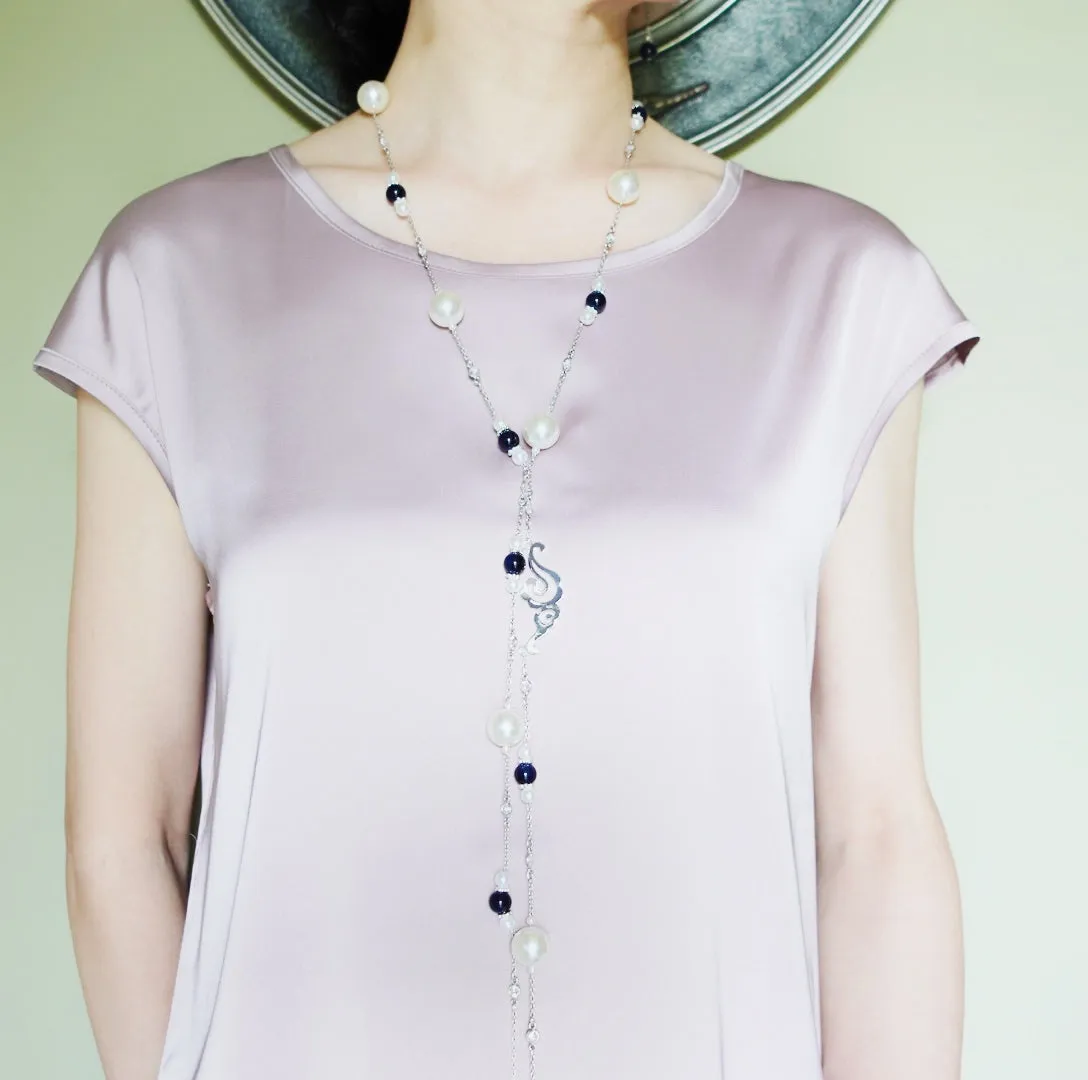The Nine Blue Agate and Pearl Long Necklace