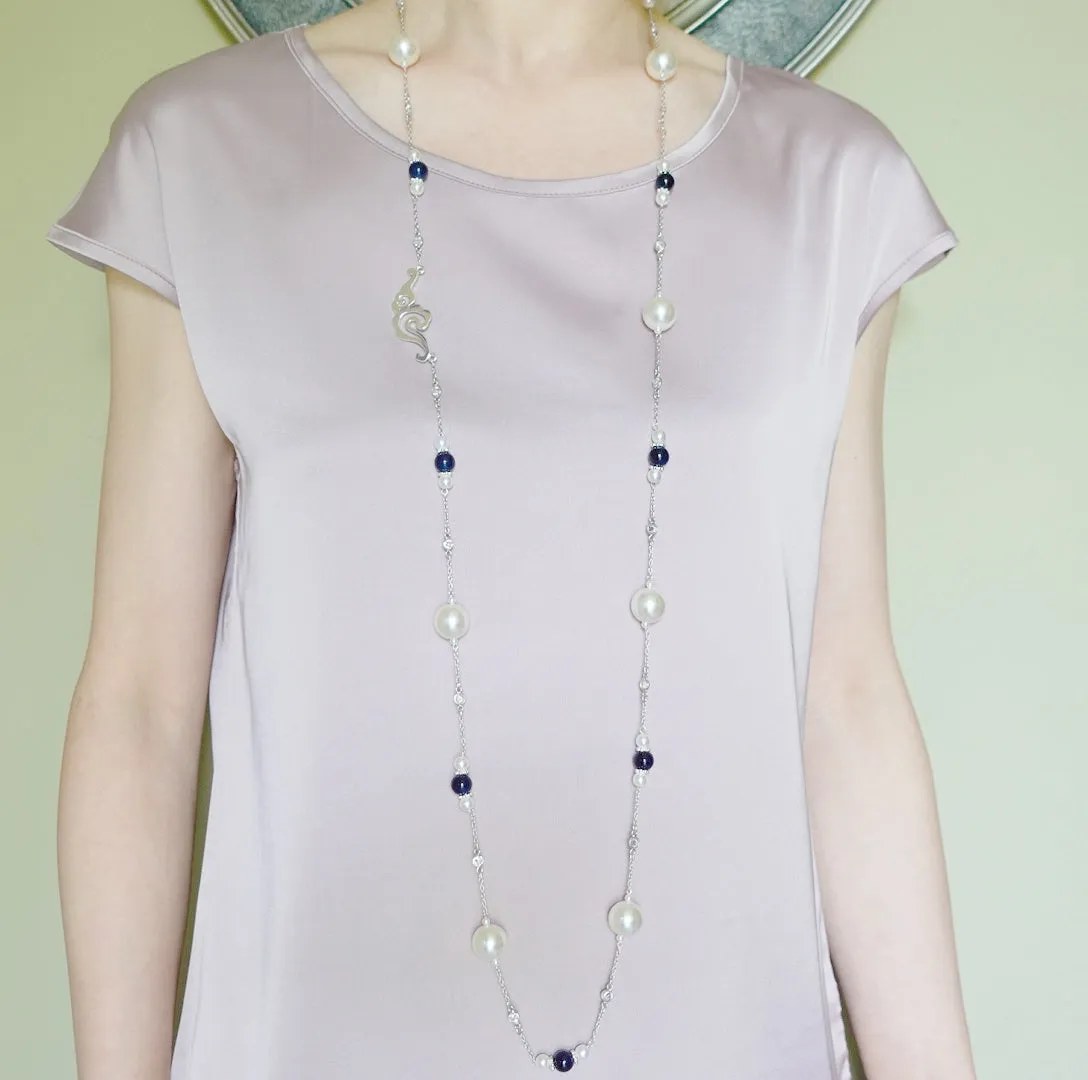 The Nine Blue Agate and Pearl Long Necklace