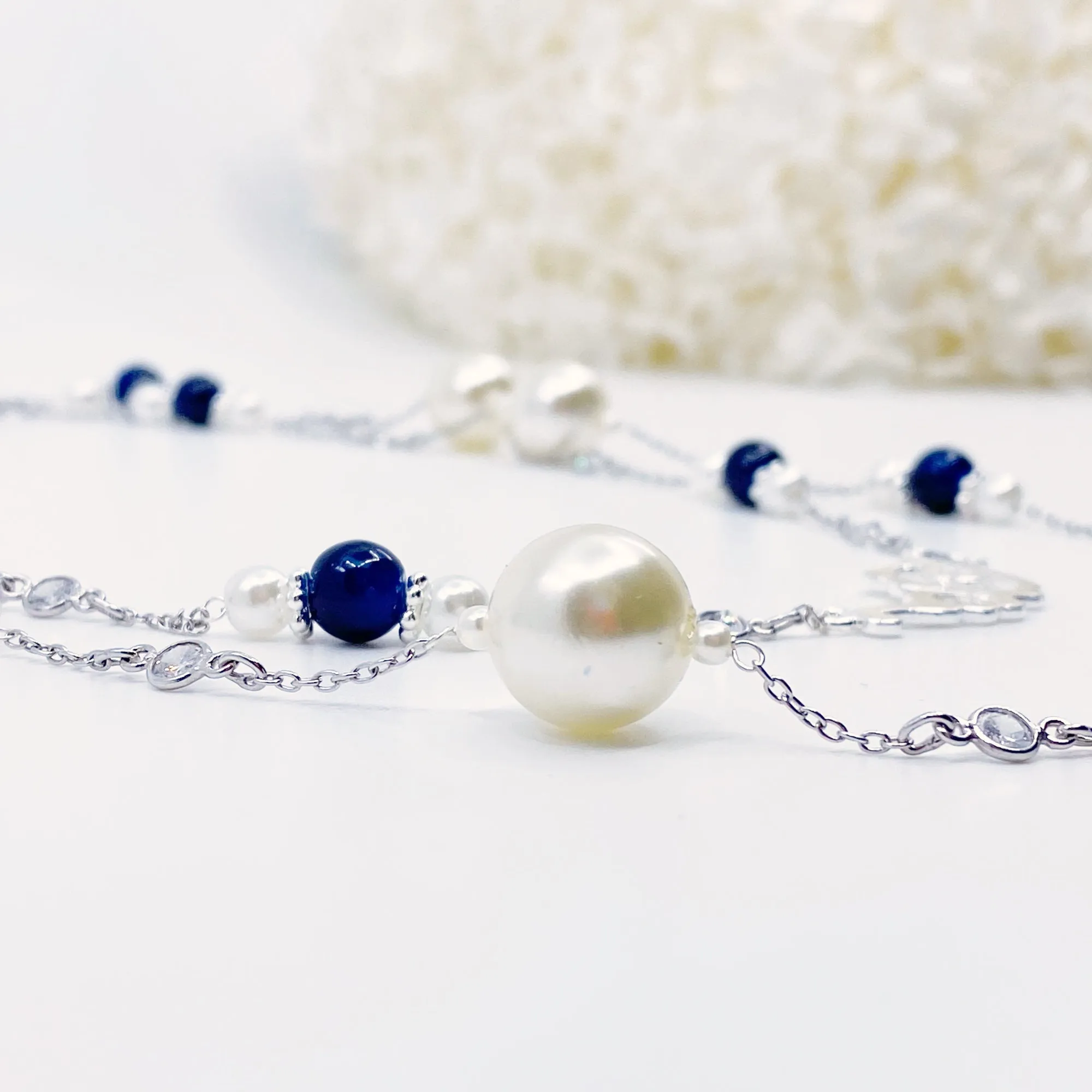 The Nine Blue Agate and Pearl Long Necklace