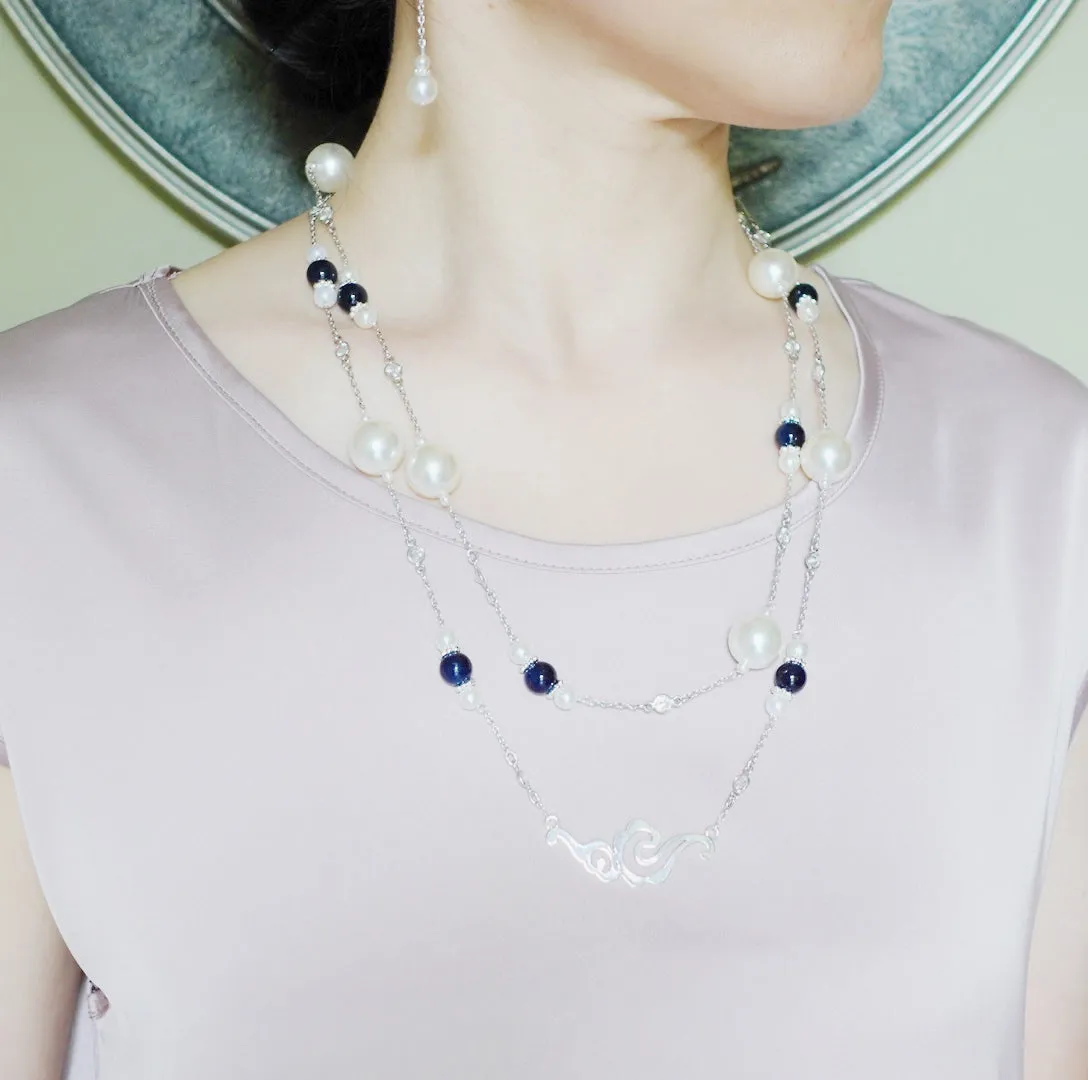 The Nine Blue Agate and Pearl Long Necklace