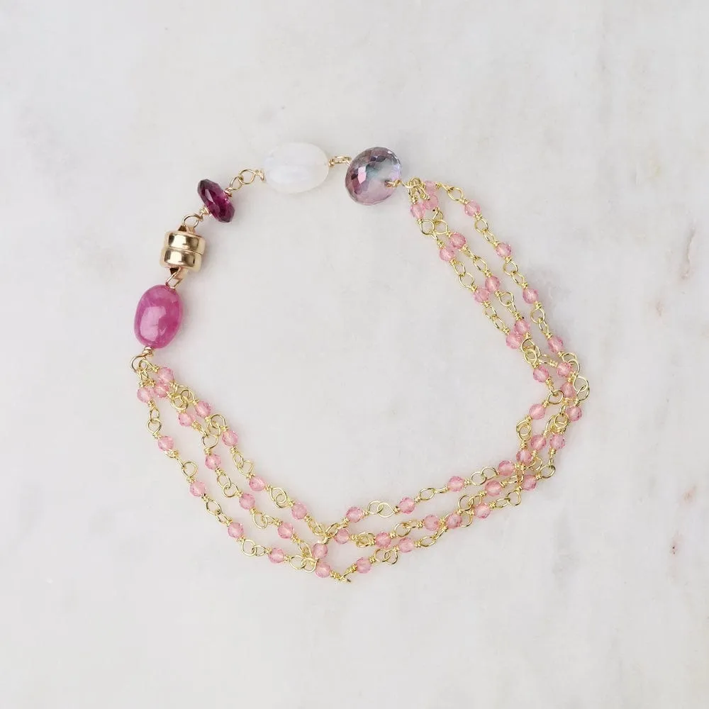 Three Strand Hand Tied Pink Quartz Bead Chain Magnetic Bracelet