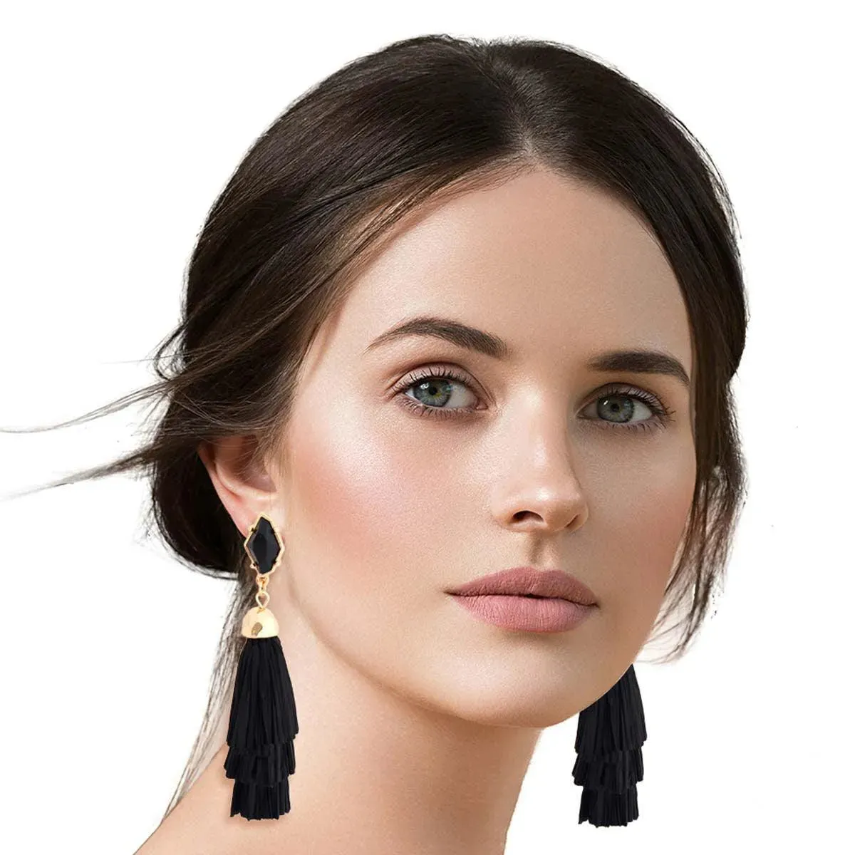 Tiered Raffia Tassel Earrings in Black