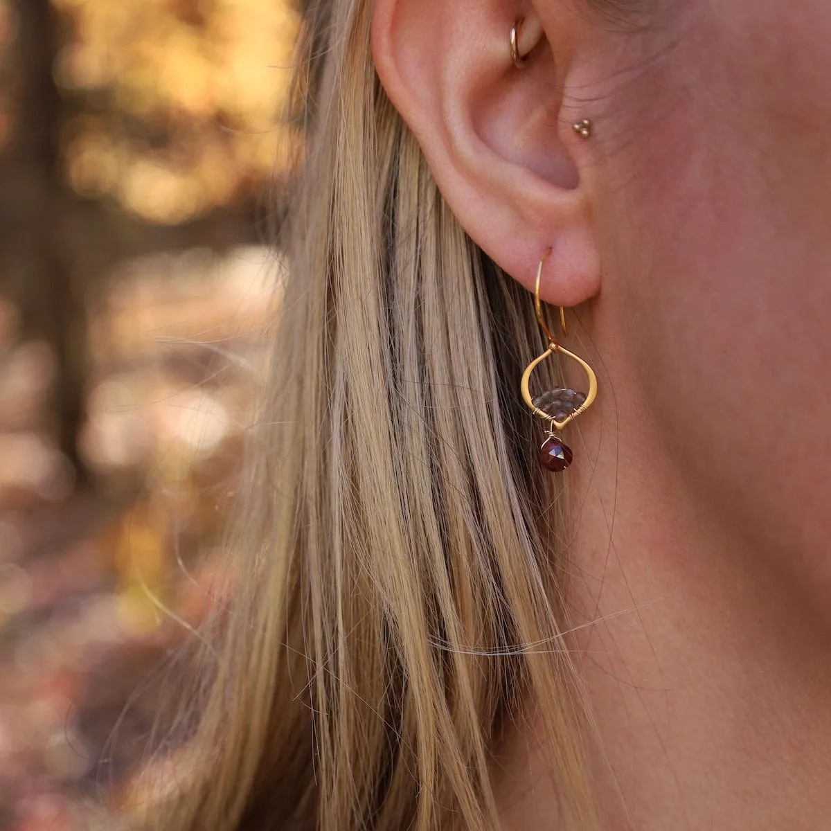 Tiny Arabesque Earrings with Garnet and Gray Moonstone