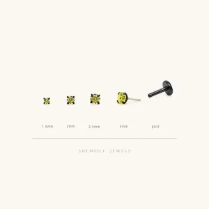 Tiny Peridot Stone Black Threadless Flat Back Earrings, Nose Stud, August Birthstone, 20,18,16ga, 5-10mm SS617 SS618 SS619 SS620