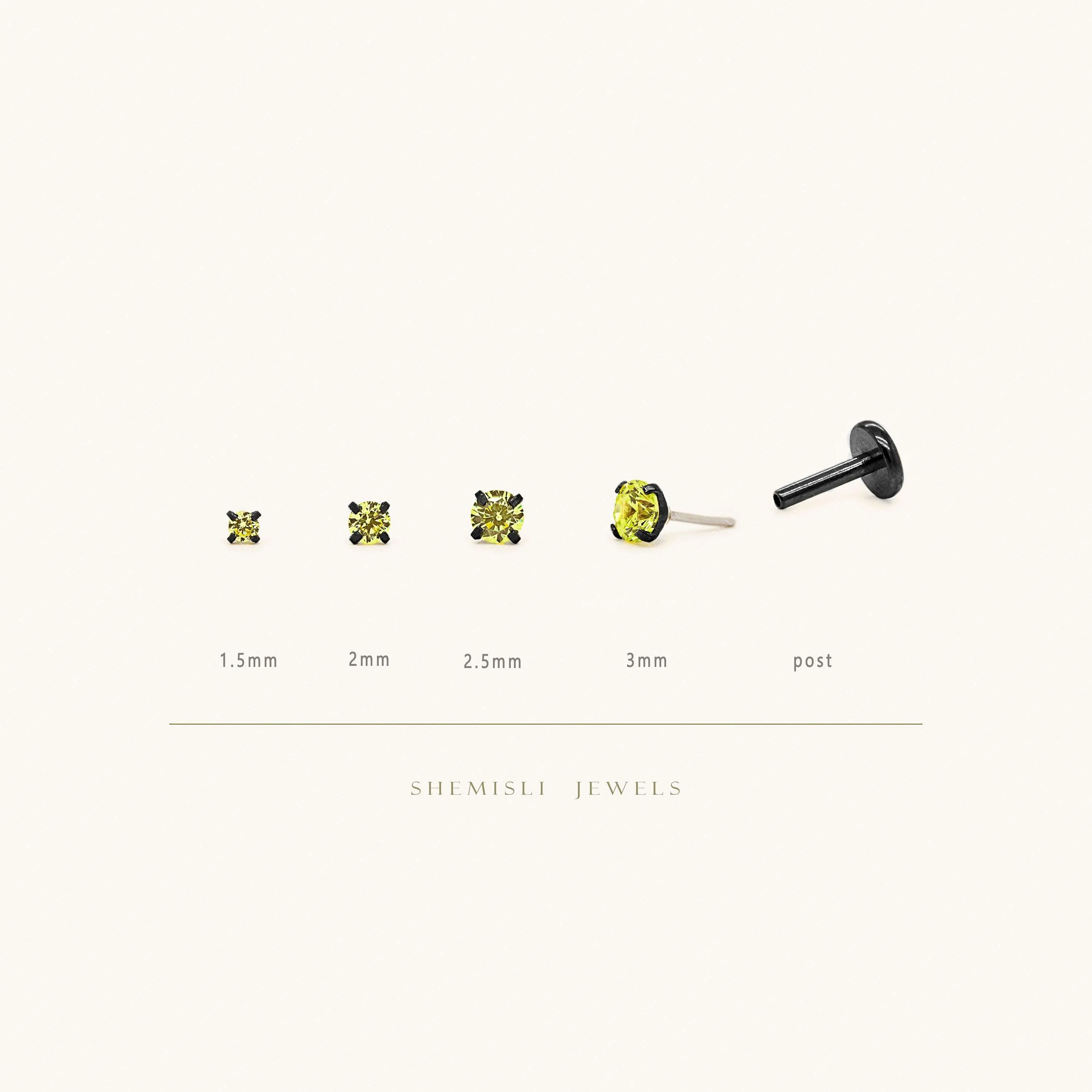 Tiny Peridot Stone Black Threadless Flat Back Earrings, Nose Stud, August Birthstone, 20,18,16ga, 5-10mm SS617 SS618 SS619 SS620