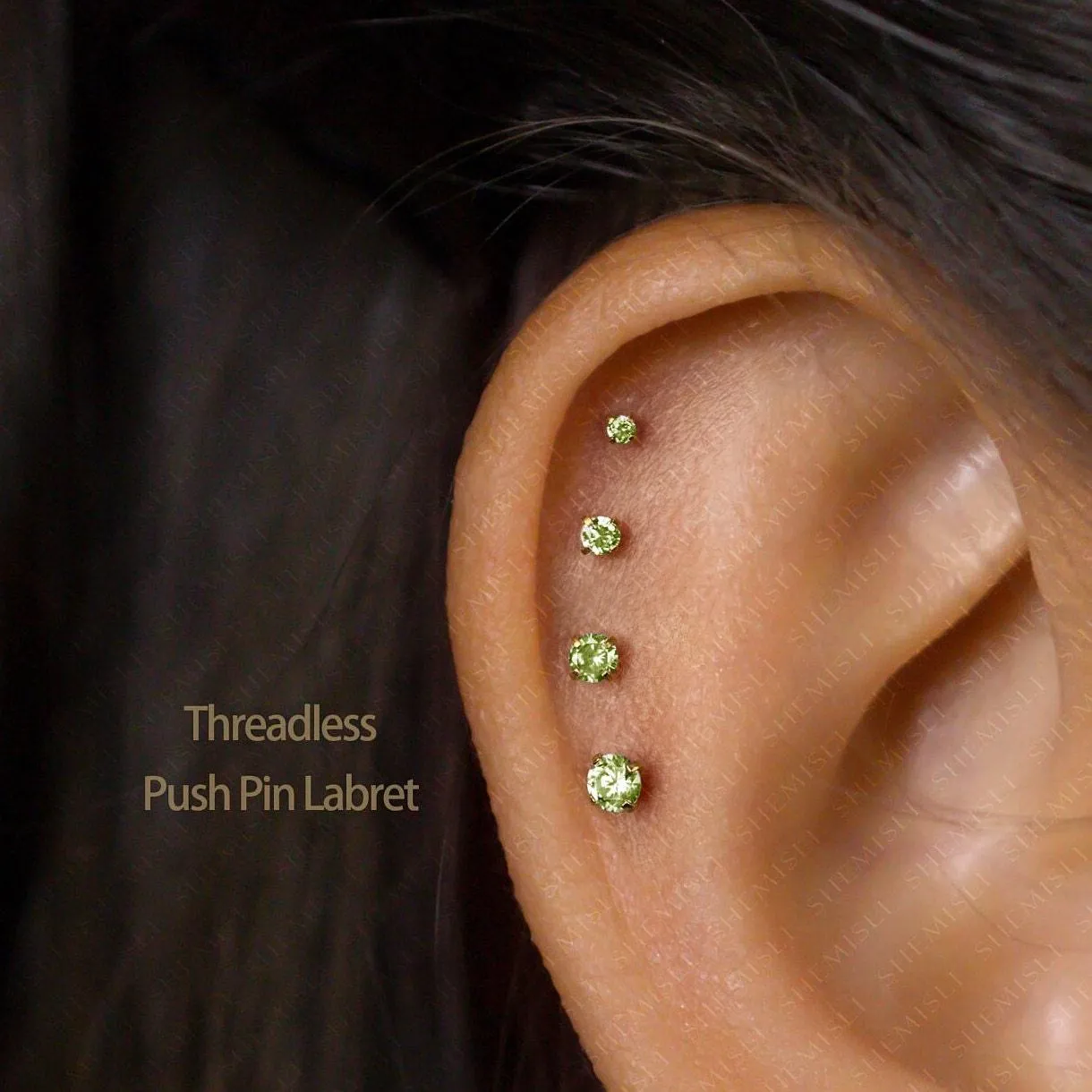 Tiny Peridot Stone Black Threadless Flat Back Earrings, Nose Stud, August Birthstone, 20,18,16ga, 5-10mm SS617 SS618 SS619 SS620