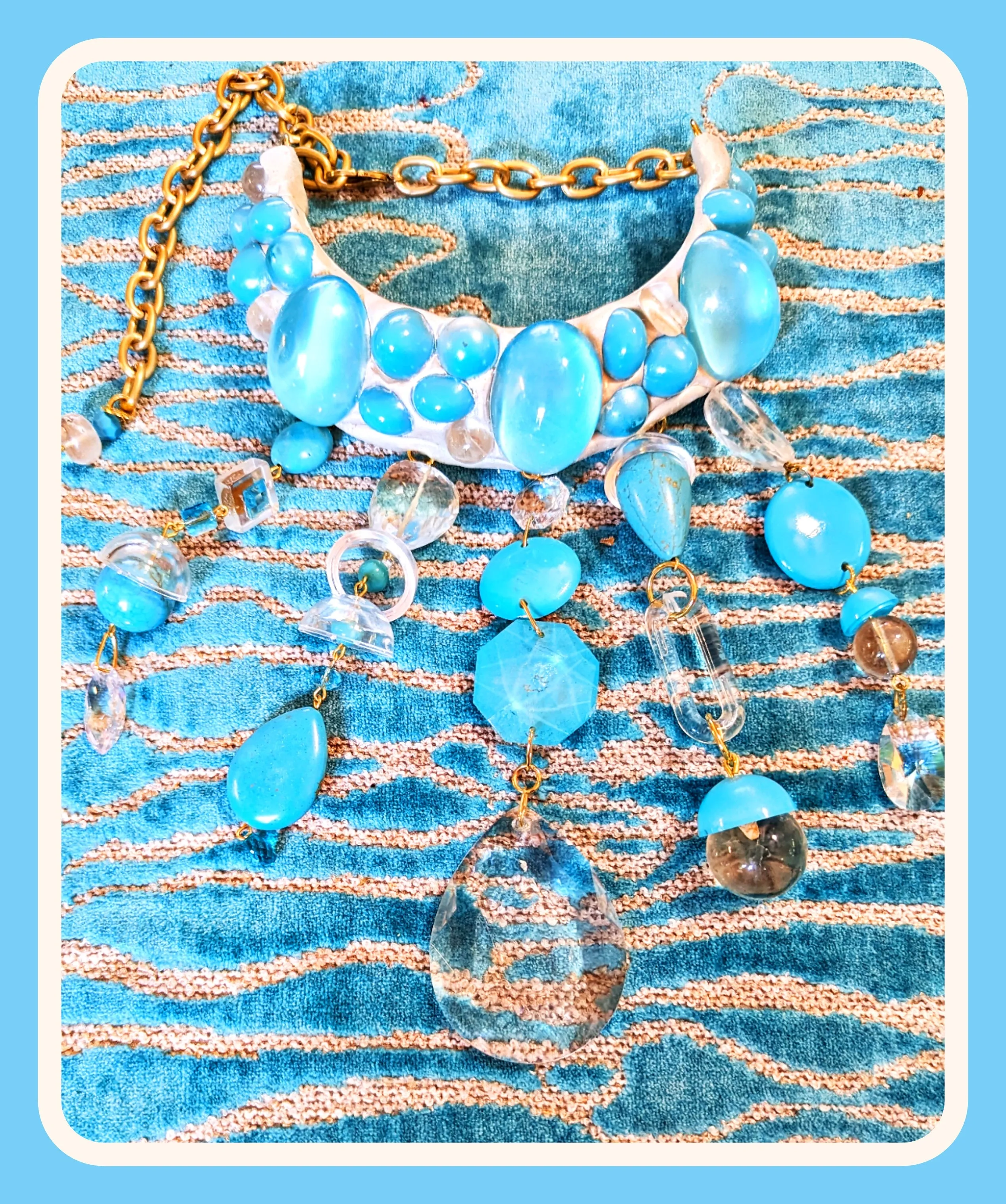 Turqouise  Glass Aqua White Statement Necklace Fashion Artisan USA Sugar Gay Isber