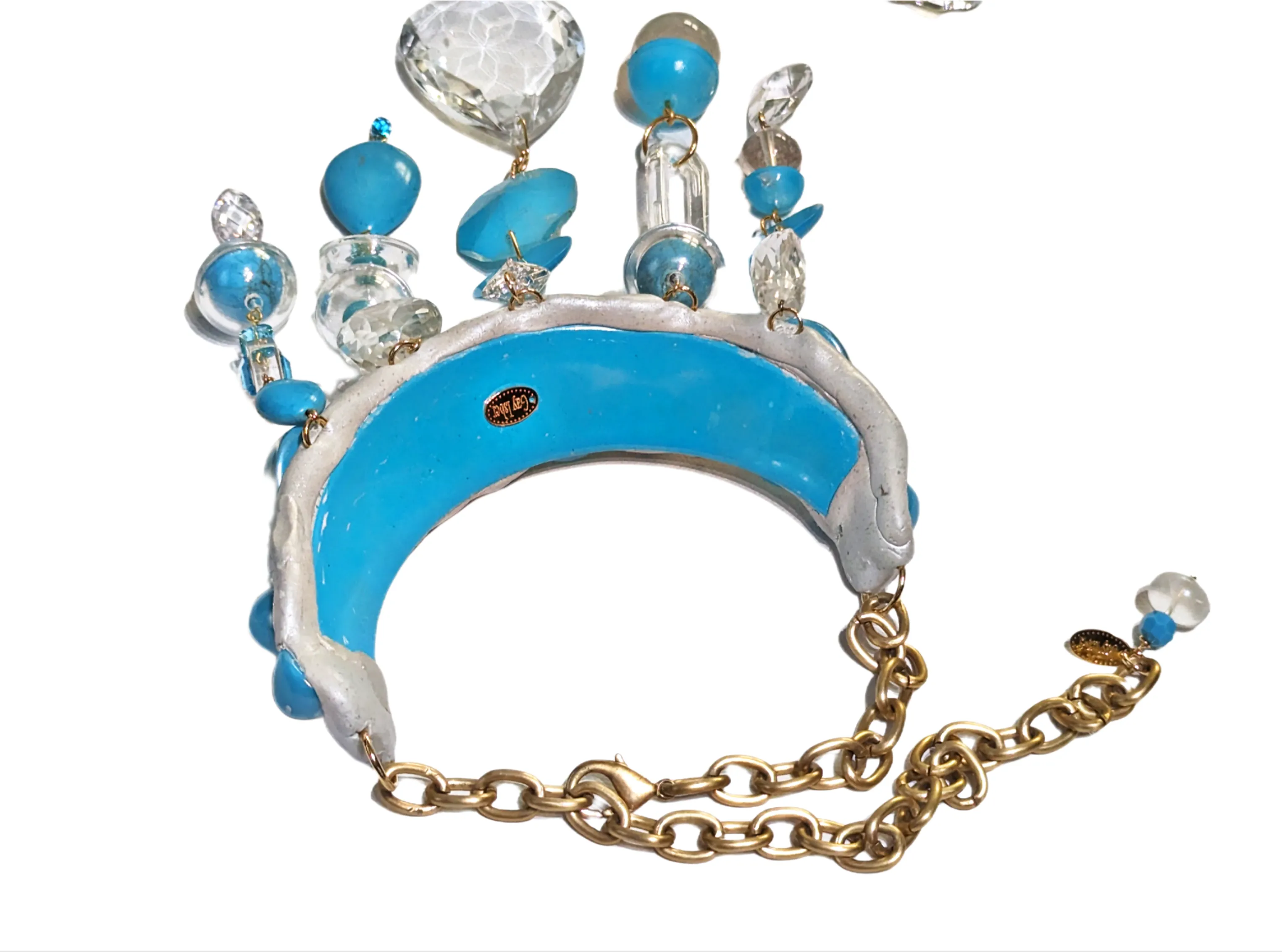 Turqouise  Glass Aqua White Statement Necklace Fashion Artisan USA Sugar Gay Isber