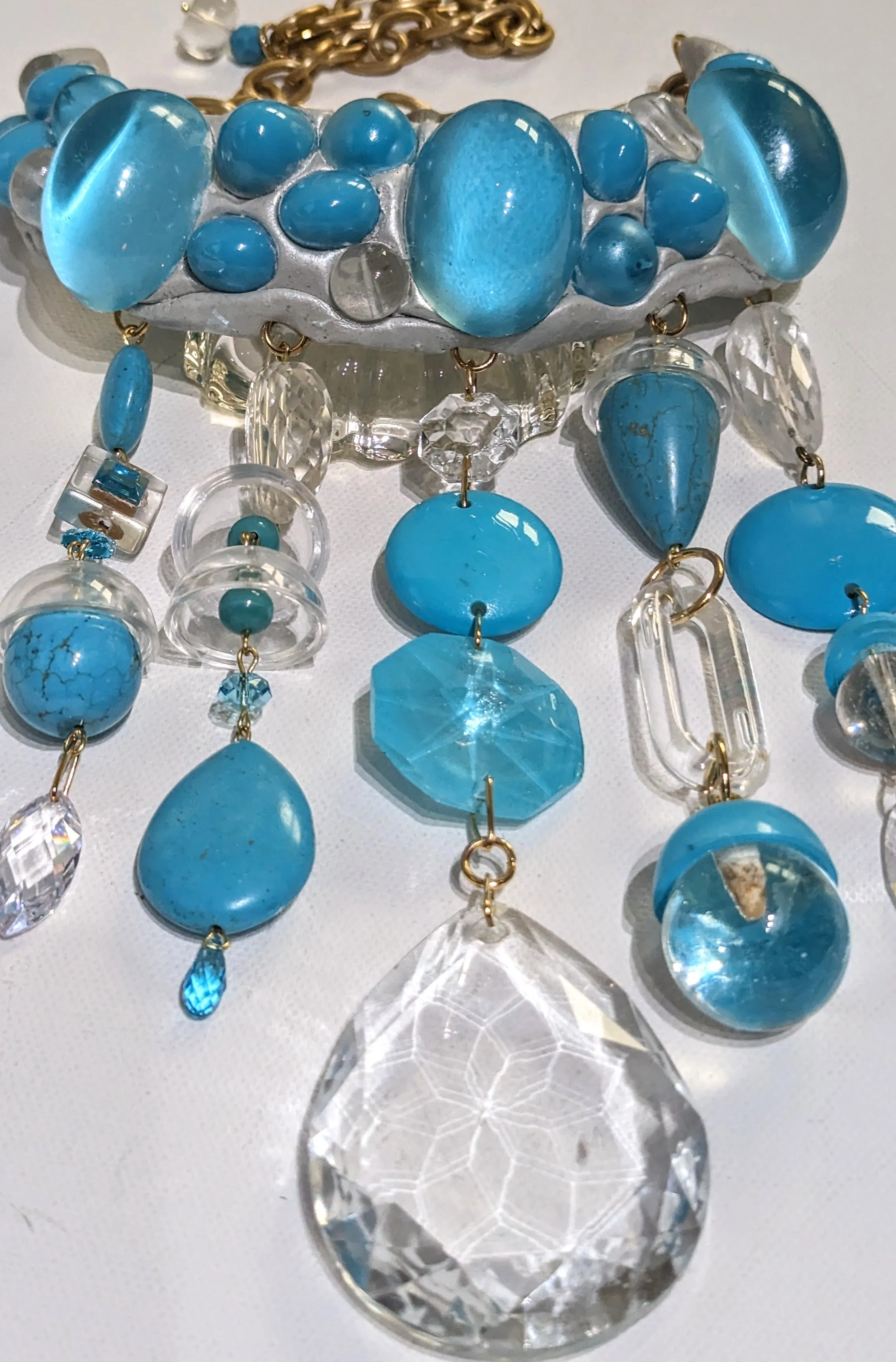 Turqouise  Glass Aqua White Statement Necklace Fashion Artisan USA Sugar Gay Isber