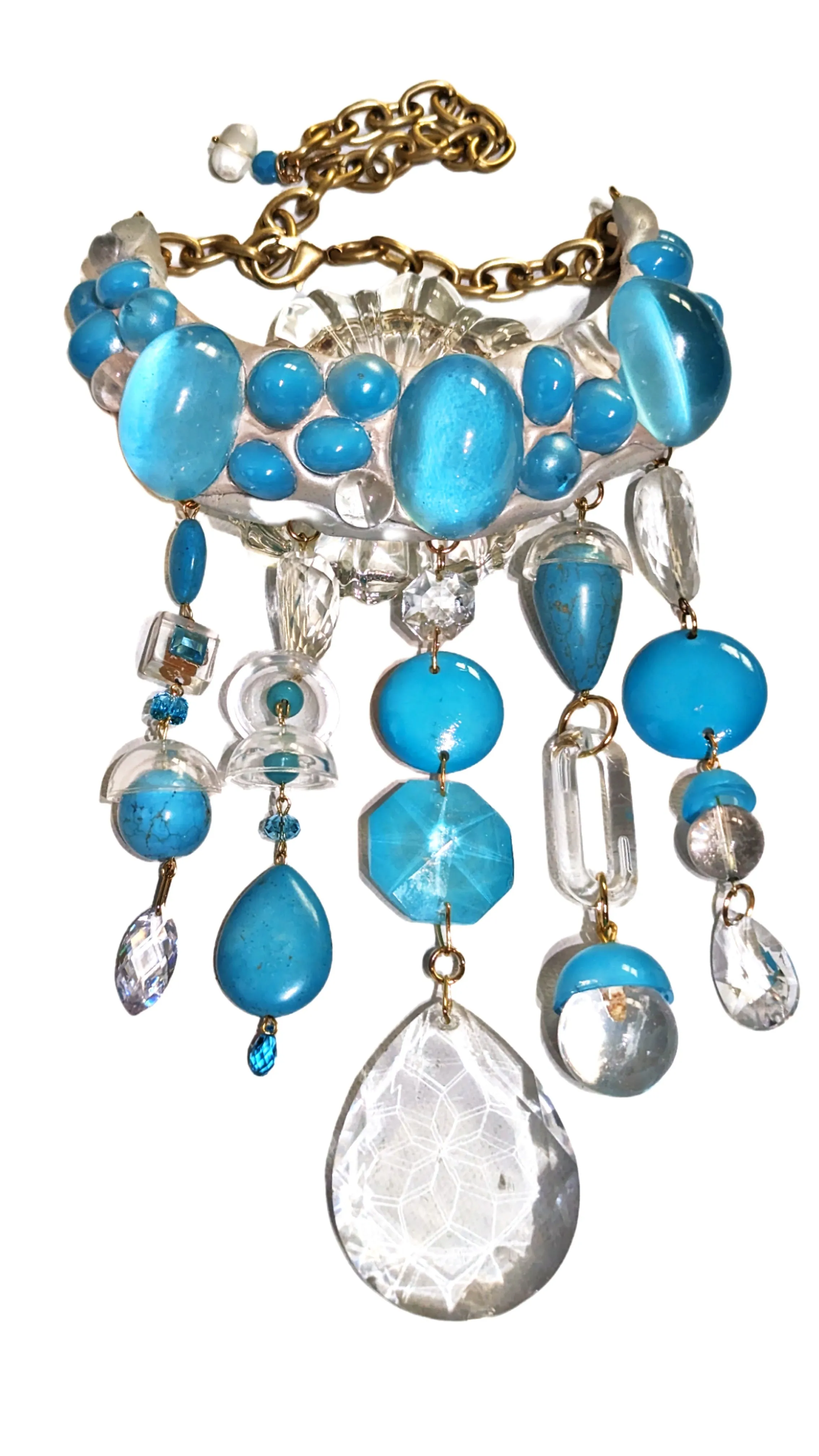 Turqouise  Glass Aqua White Statement Necklace Fashion Artisan USA Sugar Gay Isber