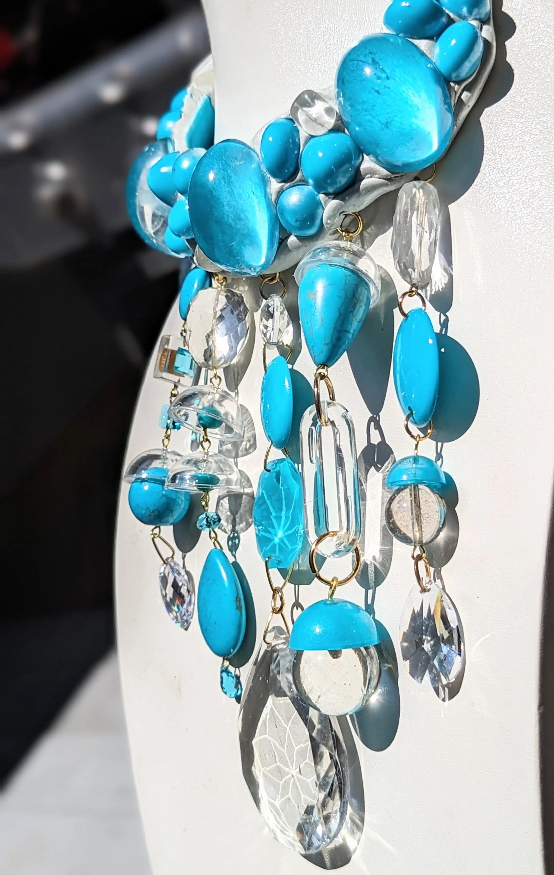 Turqouise  Glass Aqua White Statement Necklace Fashion Artisan USA Sugar Gay Isber
