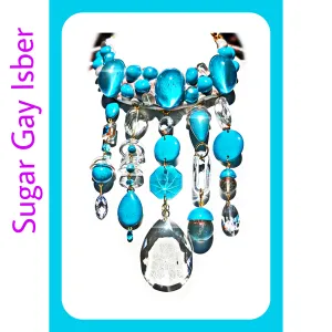 Turqouise  Glass Aqua White Statement Necklace Fashion Artisan USA Sugar Gay Isber