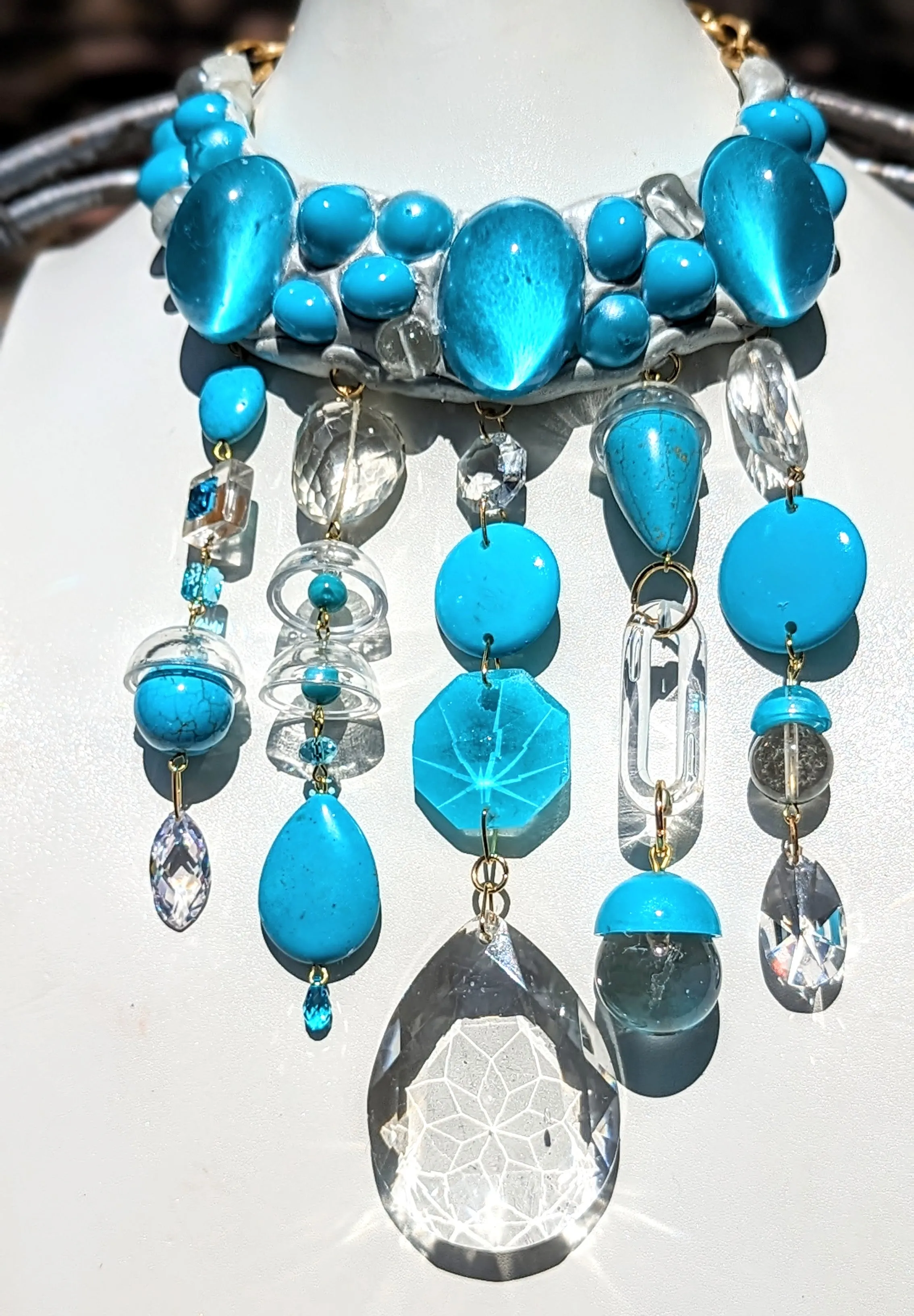 Turqouise  Glass Aqua White Statement Necklace Fashion Artisan USA Sugar Gay Isber