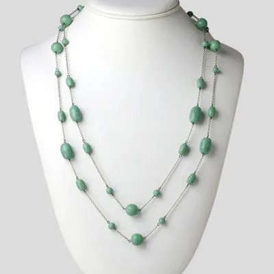 Turquoise Bead & Silver Chain Long Necklace