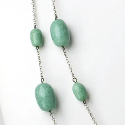 Turquoise Bead & Silver Chain Long Necklace