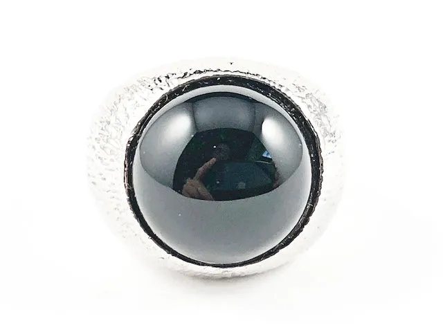 Unique Half Round Single Center Black Onyx Stone Textured Band Brass Ring