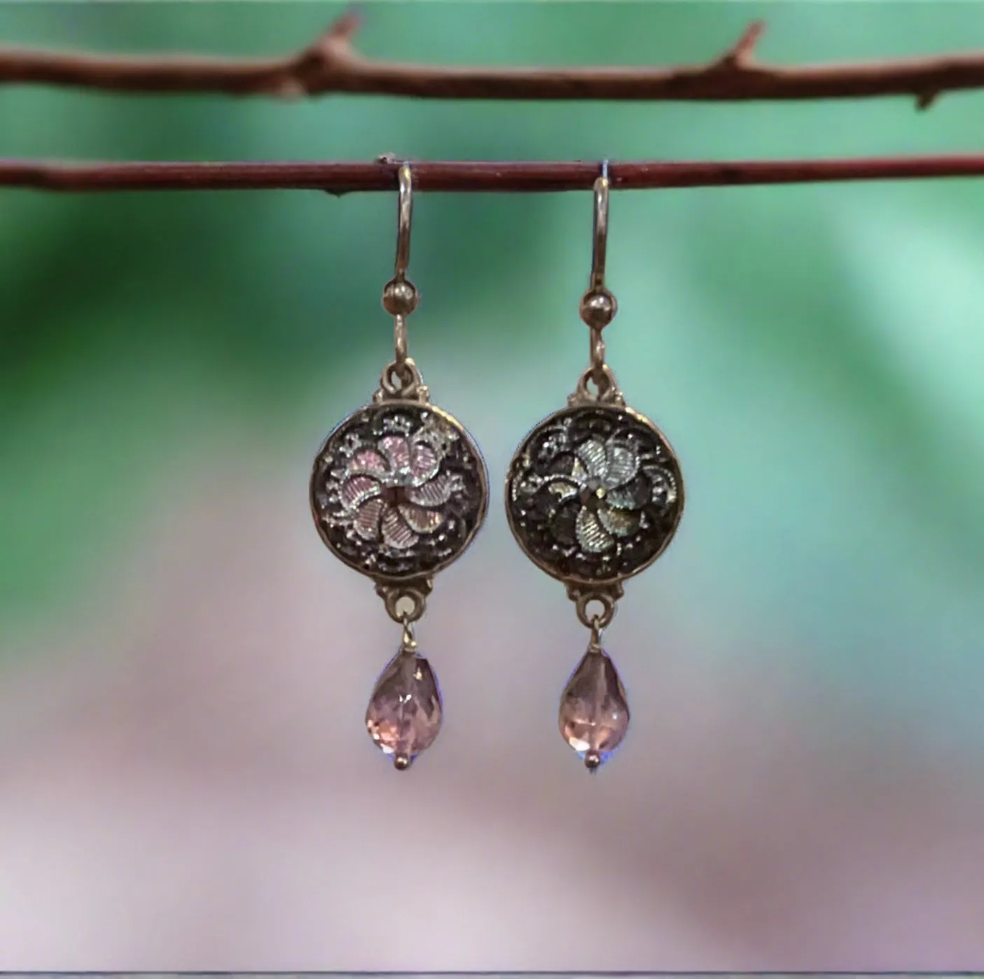 Victorian Luster Glass Button Earrings with Amethyst Drops