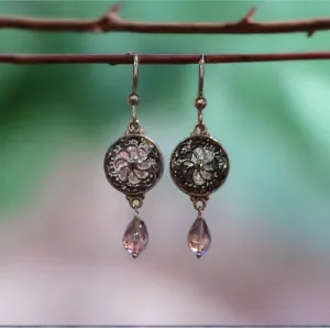 Victorian Luster Glass Button Earrings with Amethyst Drops