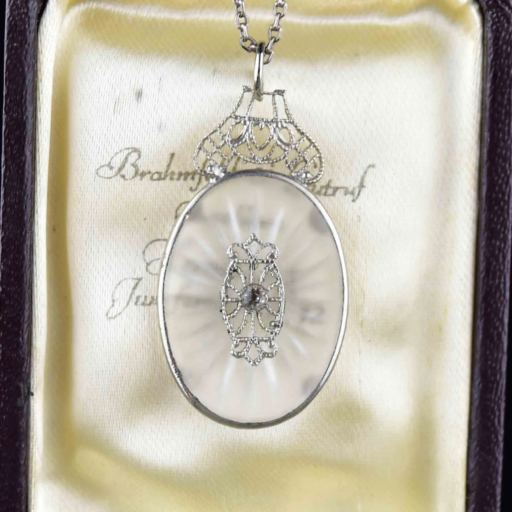 Vintage Art Deco Silver Camphor Glass Pendant Necklace
