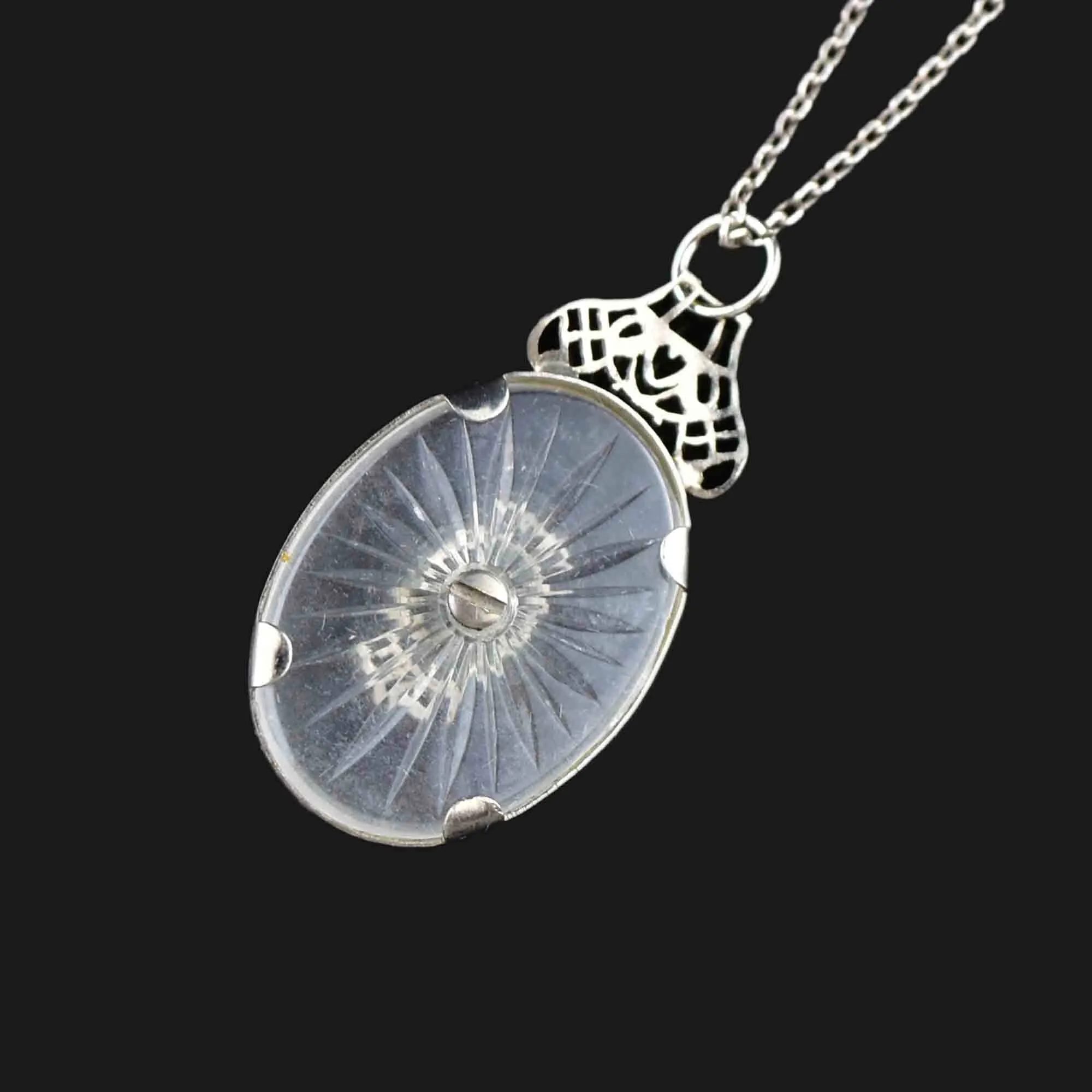 Vintage Art Deco Silver Camphor Glass Pendant Necklace