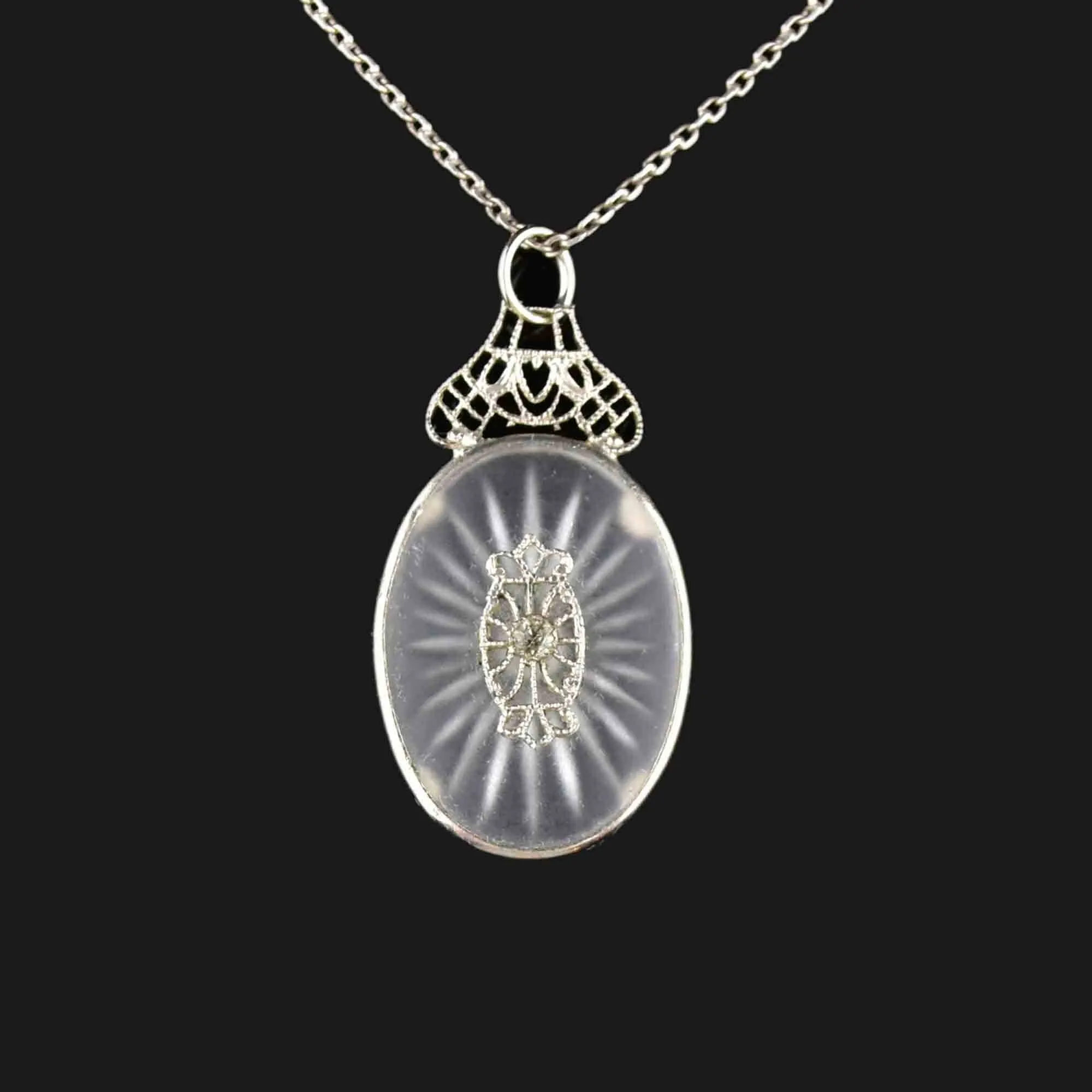 Vintage Art Deco Silver Camphor Glass Pendant Necklace
