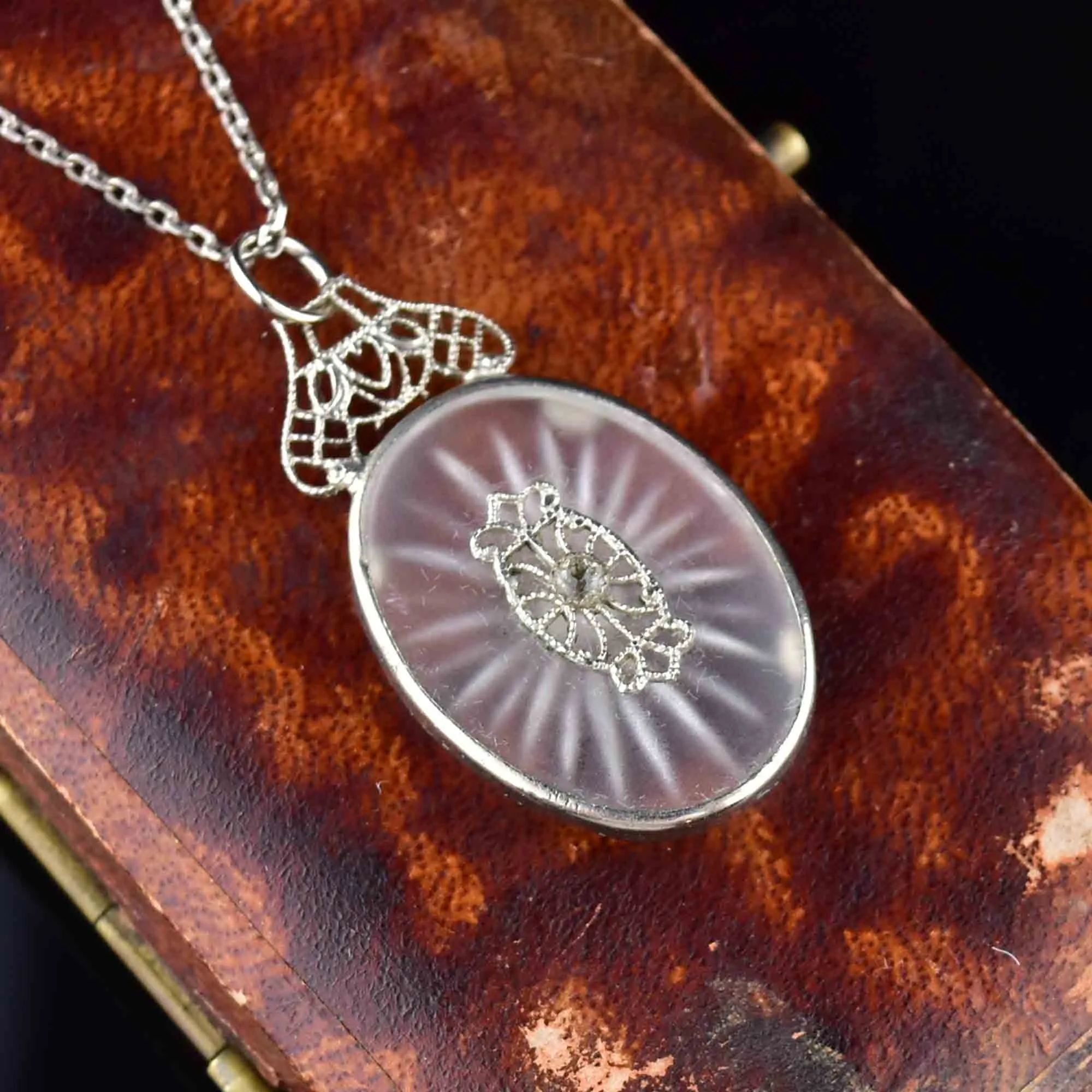 Vintage Art Deco Silver Camphor Glass Pendant Necklace