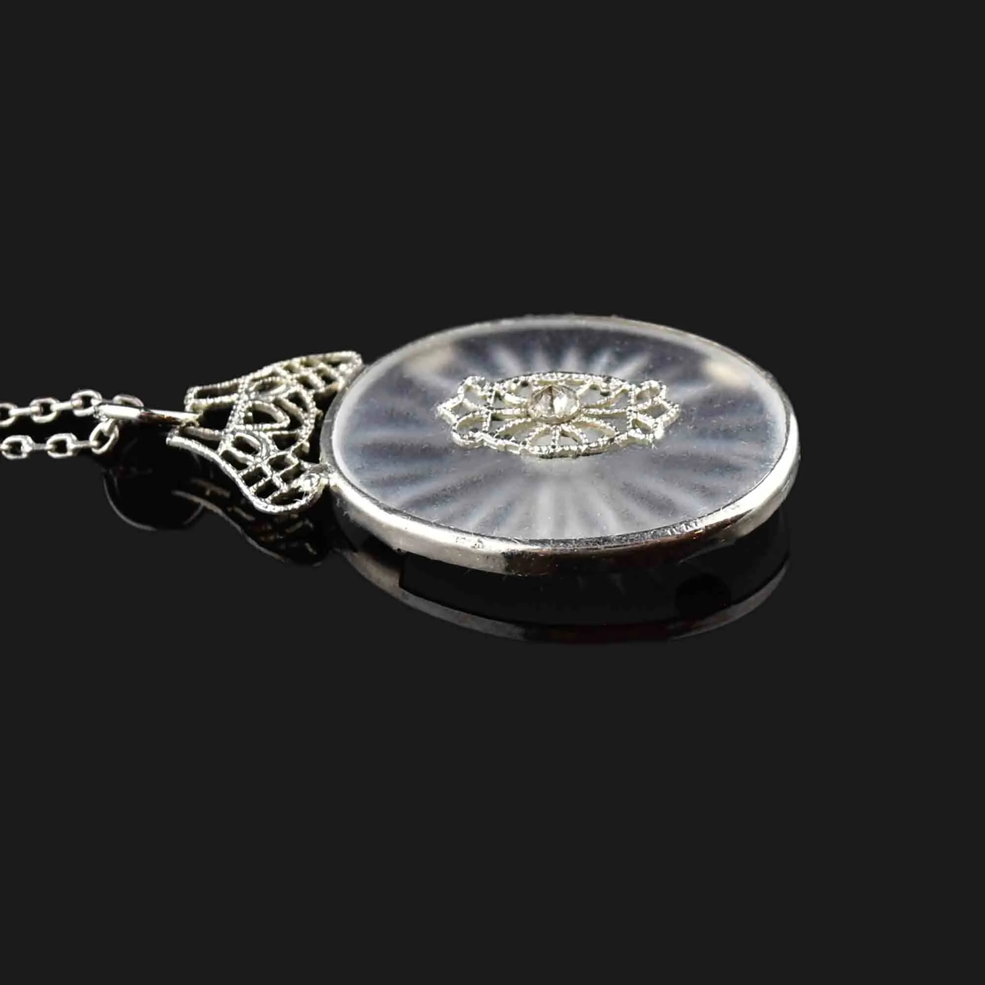 Vintage Art Deco Silver Camphor Glass Pendant Necklace