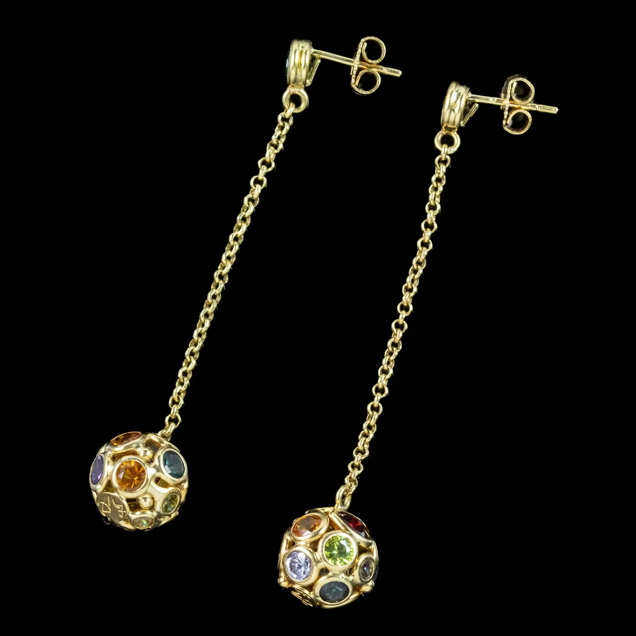 Vintage Harlequin Gemstone Orb Drop Earrings 18ct Gold