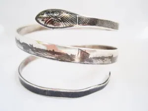 Vintage Middle East Silver and Niello Triple Coil Snake Bracelet