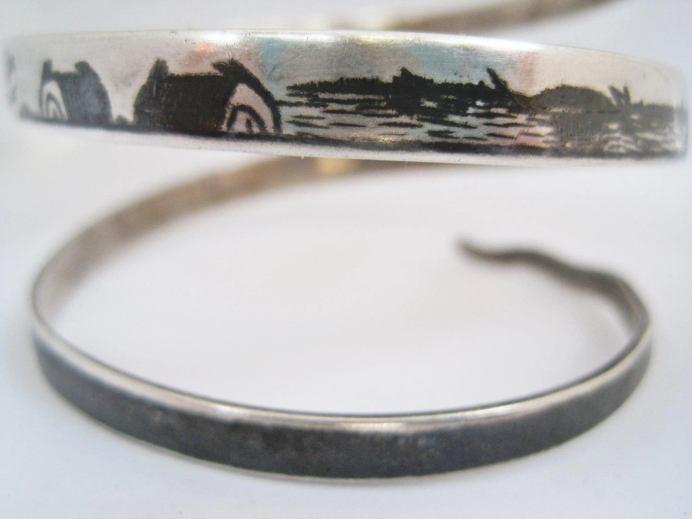 Vintage Middle East Silver and Niello Triple Coil Snake Bracelet