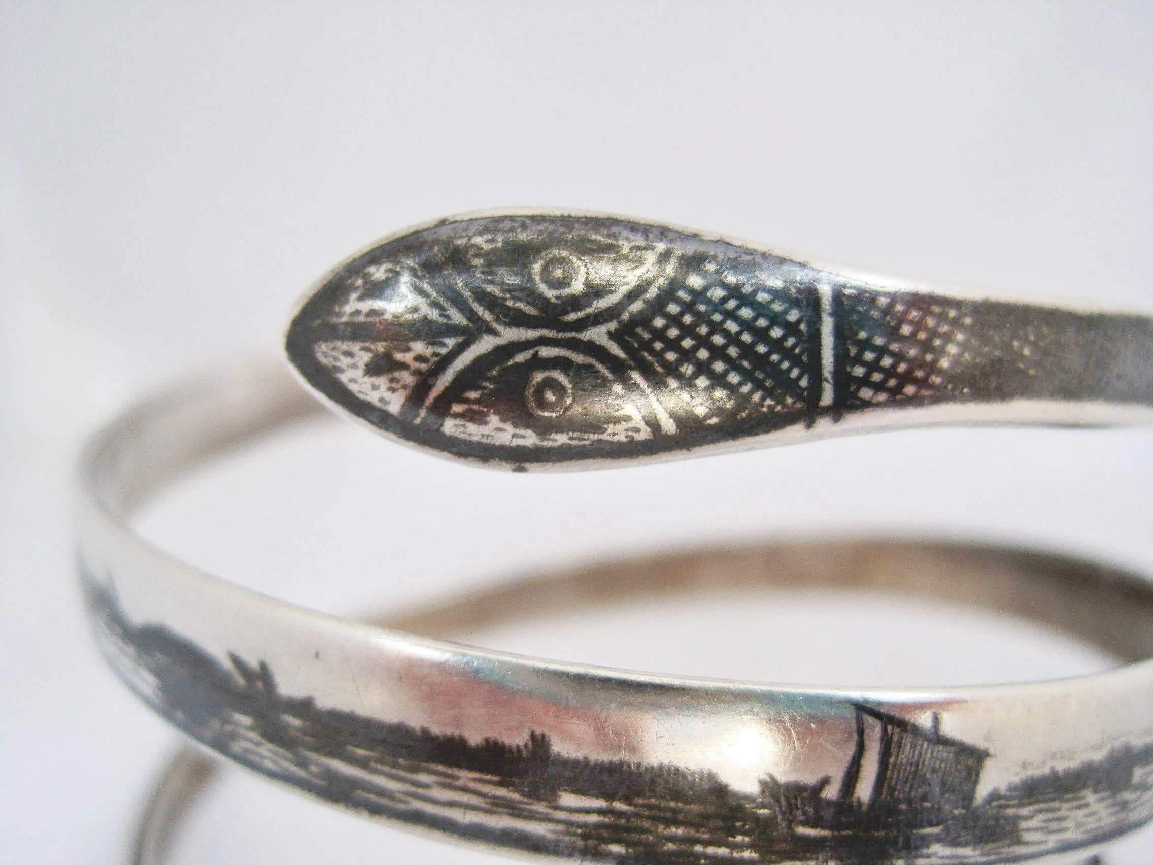 Vintage Middle East Silver and Niello Triple Coil Snake Bracelet