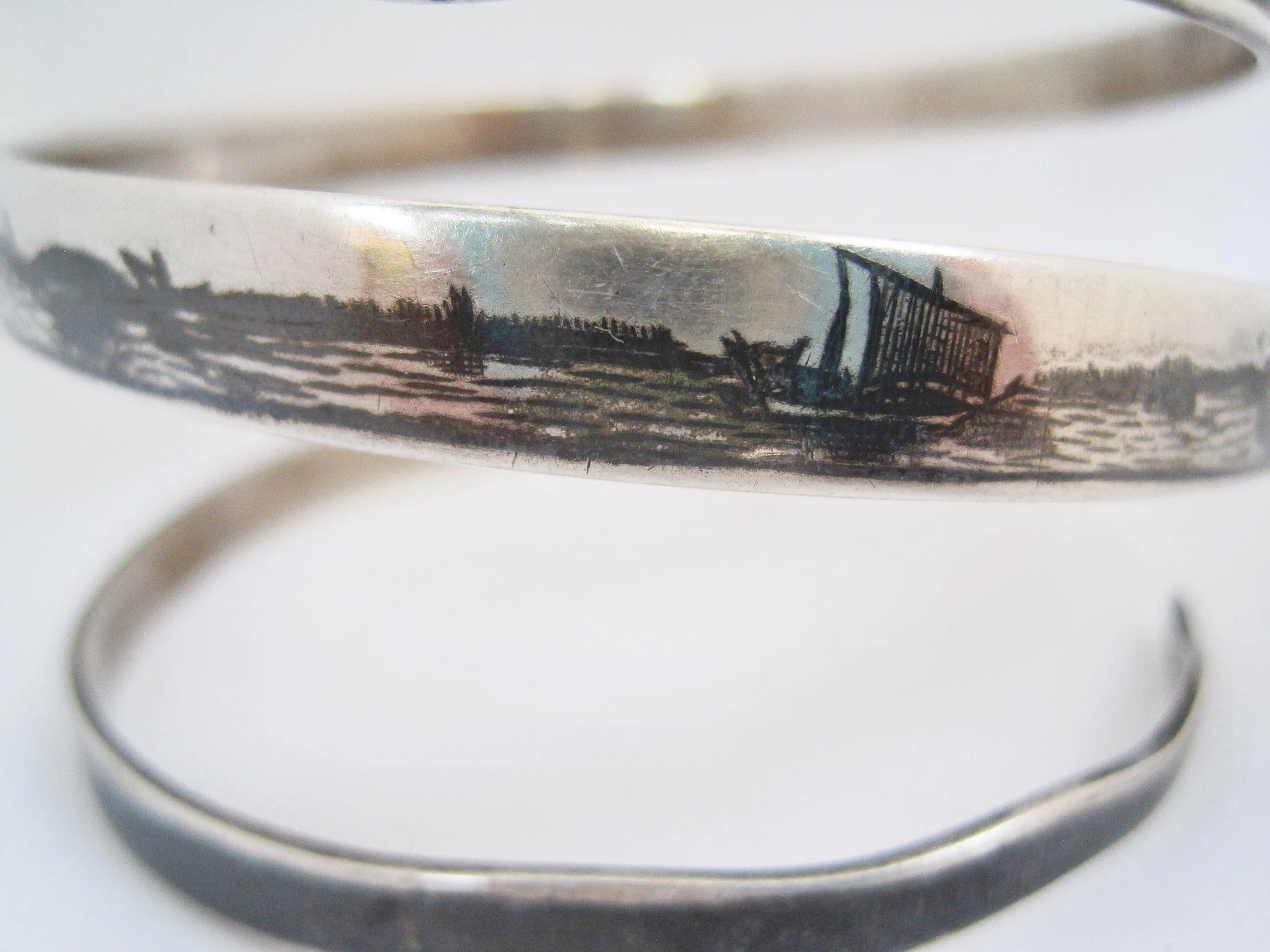 Vintage Middle East Silver and Niello Triple Coil Snake Bracelet