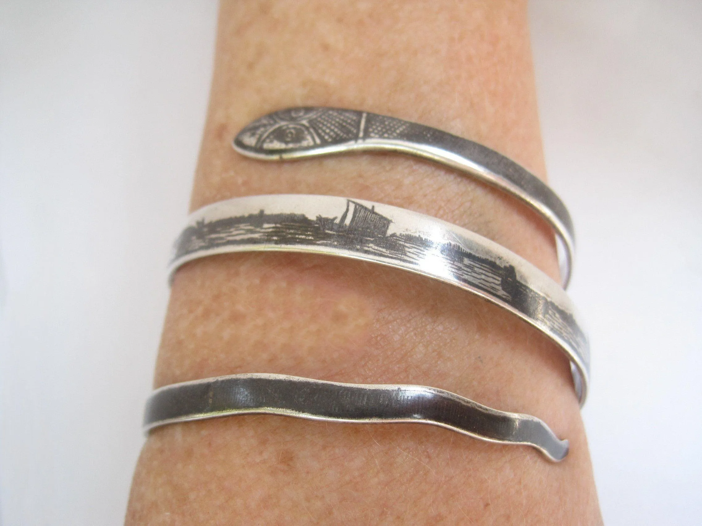 Vintage Middle East Silver and Niello Triple Coil Snake Bracelet
