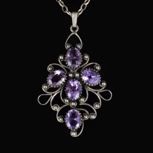 Vintage Sterling Silver Amethyst Scroll Pendant Necklace