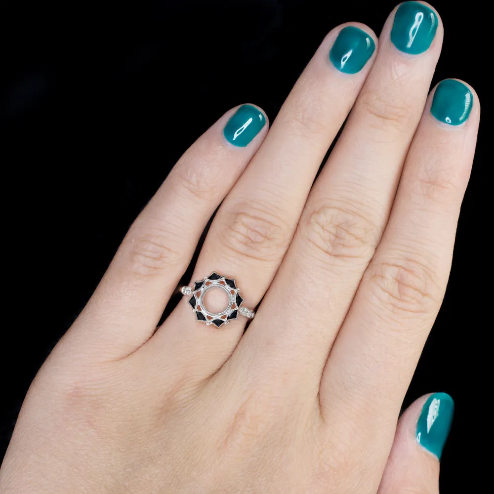 VINTAGE STYLE DIAMOND ONYX COCKTAIL HALO ENGAGEMENT RING 1ct SETTING ART DECO