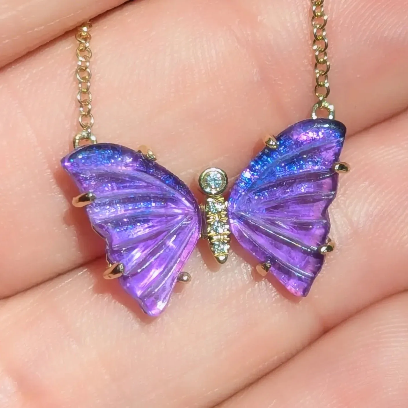 Vivid Purple Amethyst Butterfly Necklace with Diamonds and Prongs