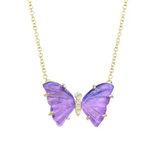 Vivid Purple Amethyst Butterfly Necklace with Diamonds and Prongs