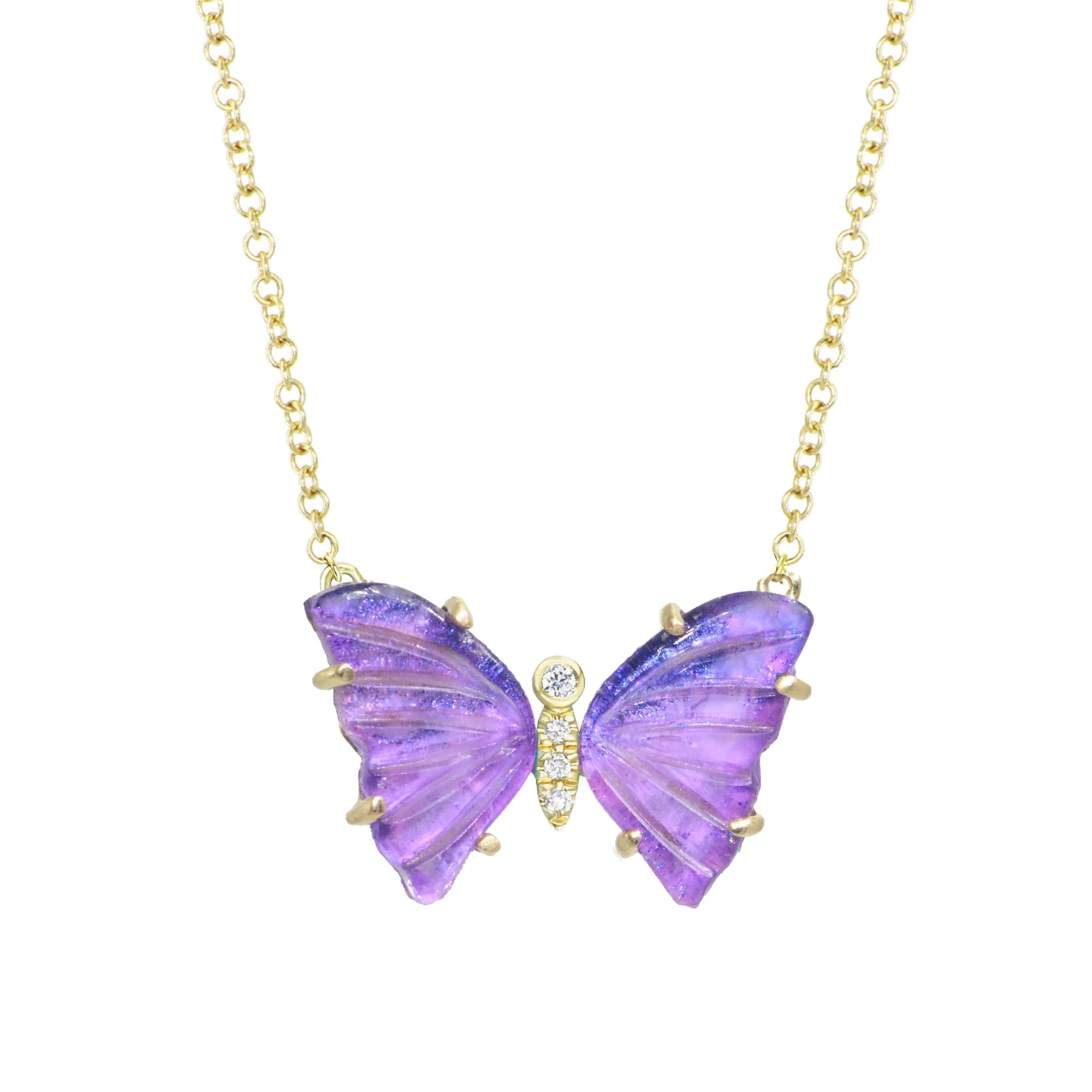 Vivid Purple Amethyst Butterfly Necklace with Diamonds and Prongs