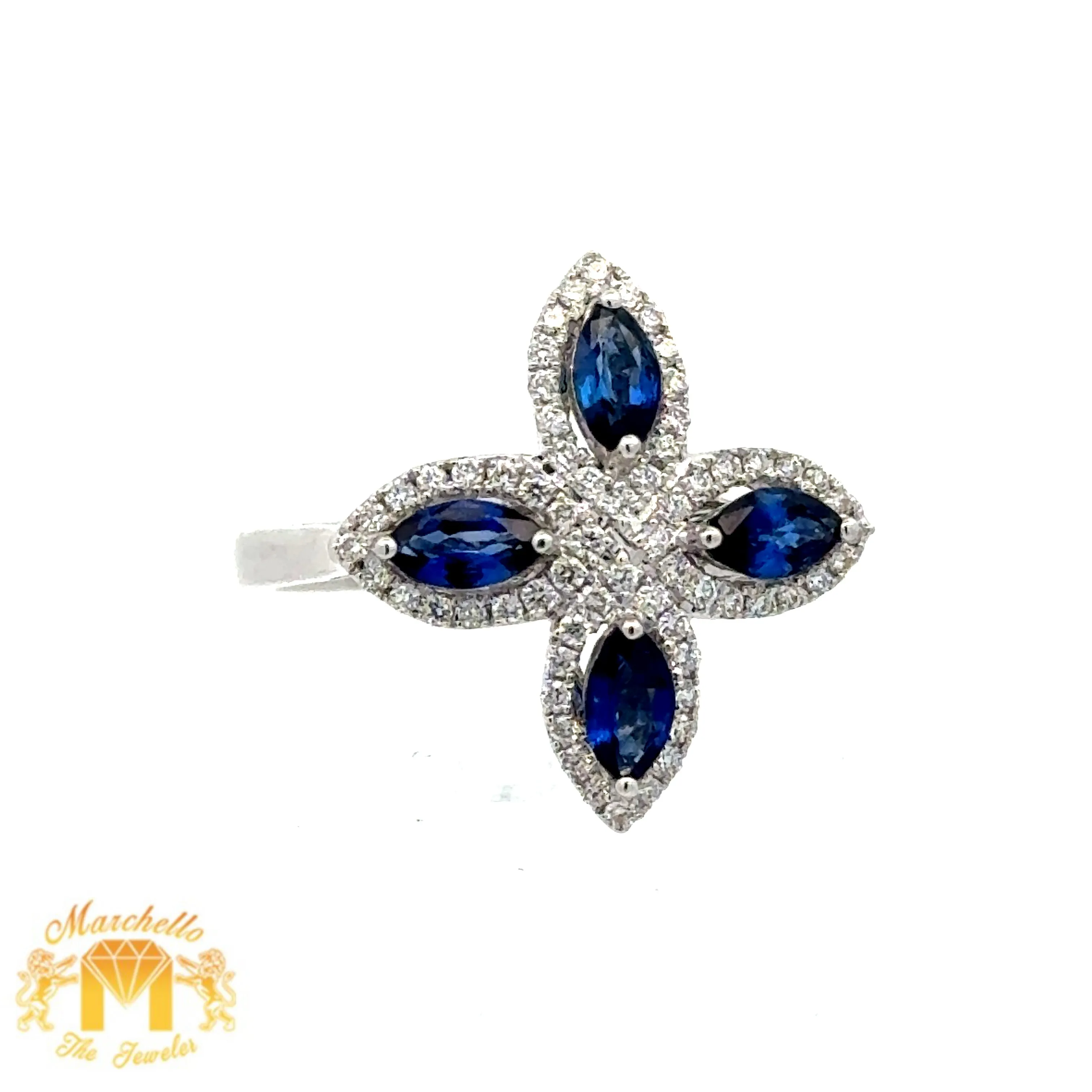VVS/vs high clarity diamonds set in a 18k Gold Flower Shaped Ring with Sapphire, Ruby, Emerald and Round Diamonds (choose your color)